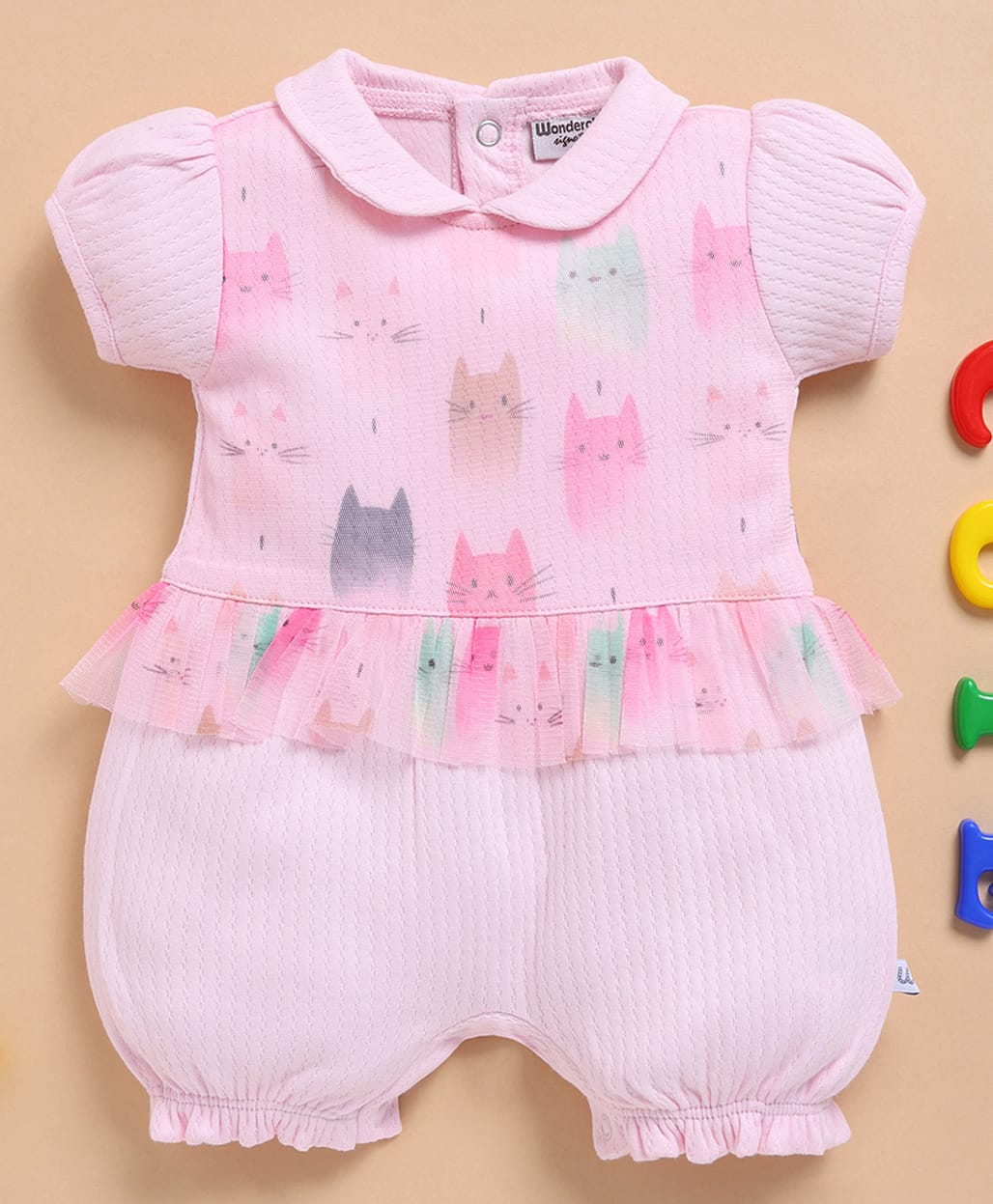 Wonderchild Half Puffed Sleeves Cats Printed Romper - Pink-image-34