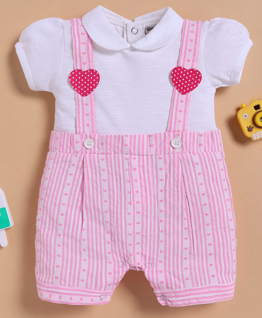 Wonderchild Heart Embroidered & Applique Detailed Romper With Half Puffed Sleeves Solid Polo Tee - White & Pink-image-33