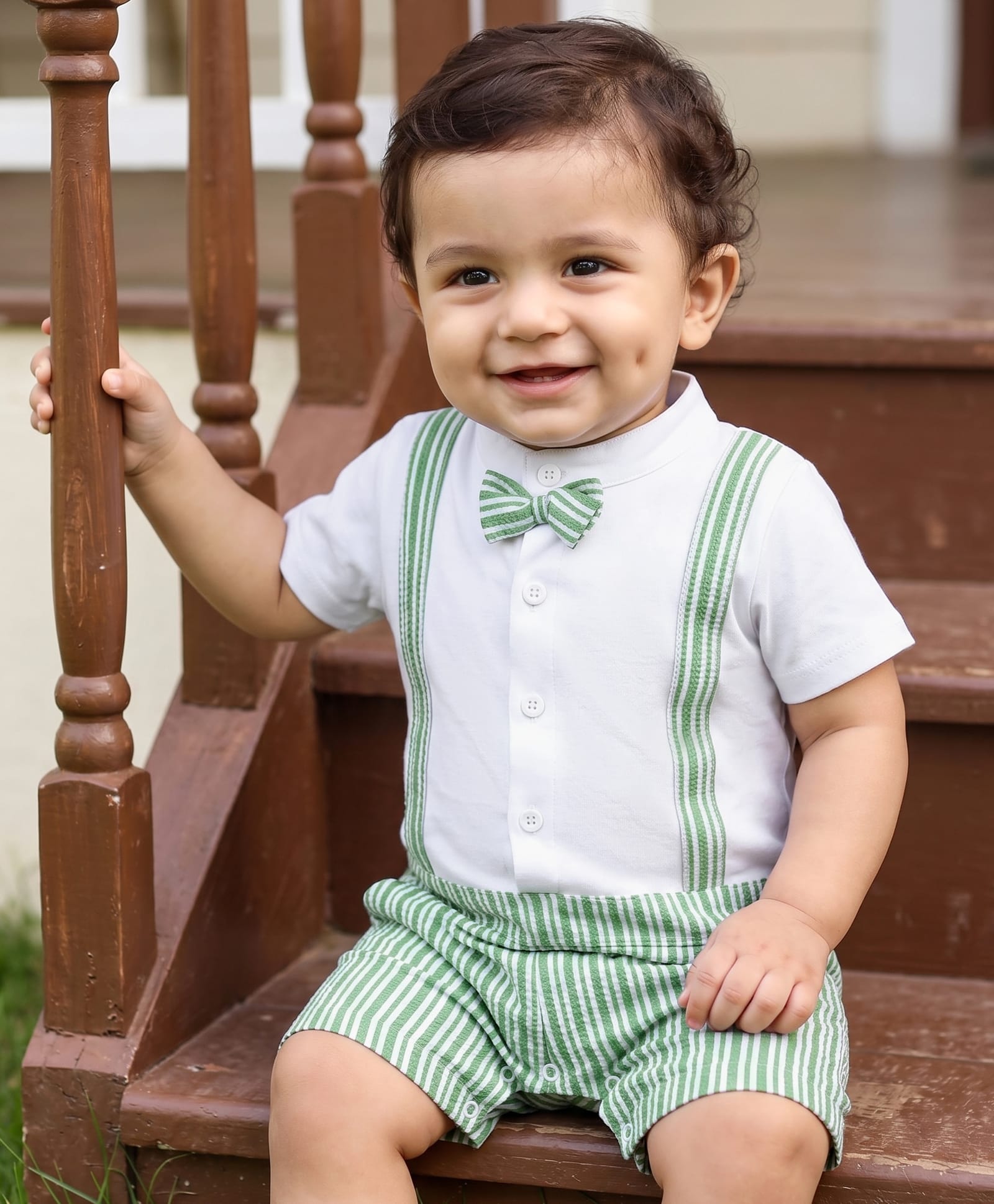 Babyhug Popcorn Knit Half Sleeves Striped Romper with Bow - Multicolor-image-23