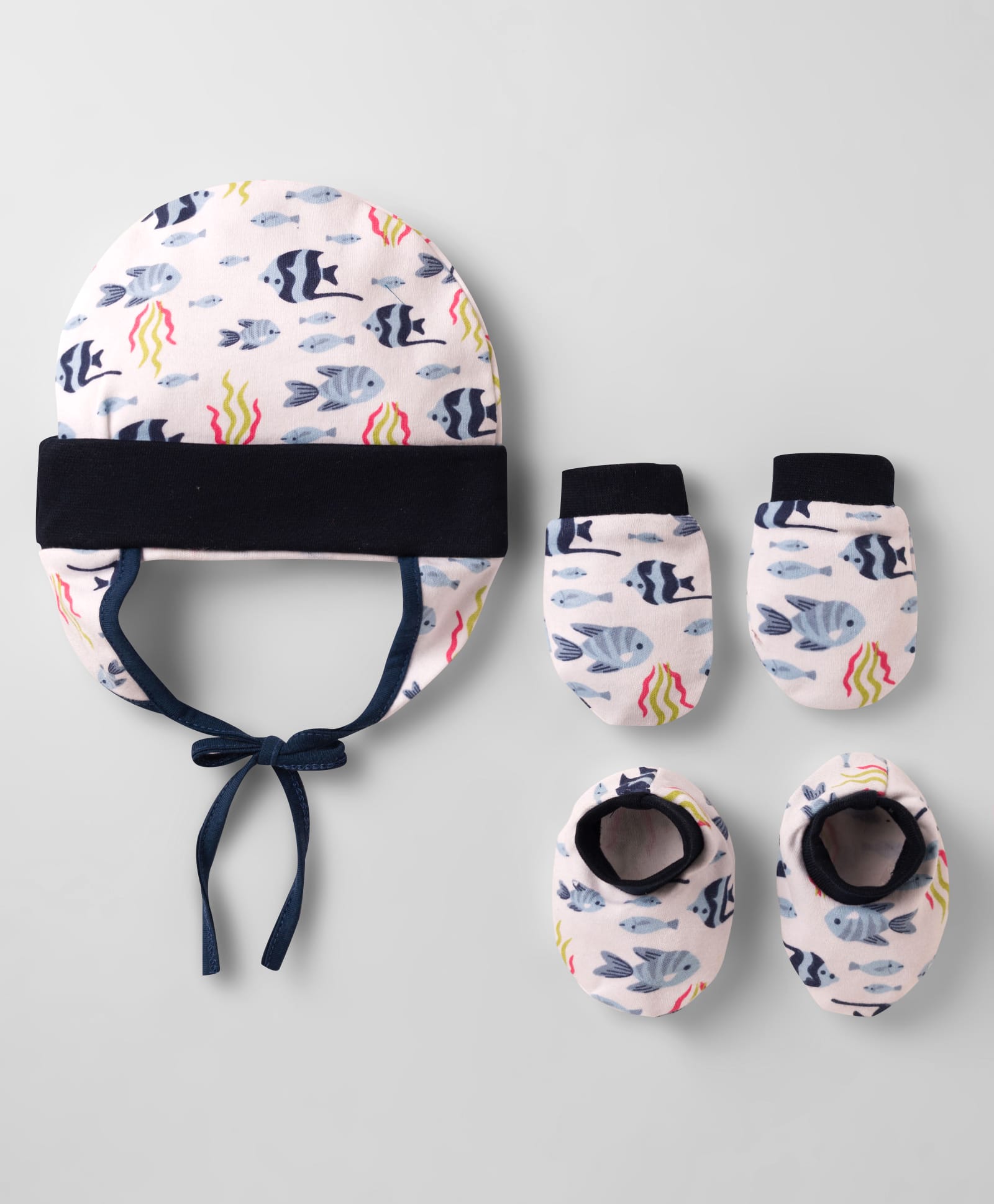 OHMS Single Jersey Knit Sea Life Printed Cap Mittens & Booties Set Multi Colour - Diameter 9 cm-image-35