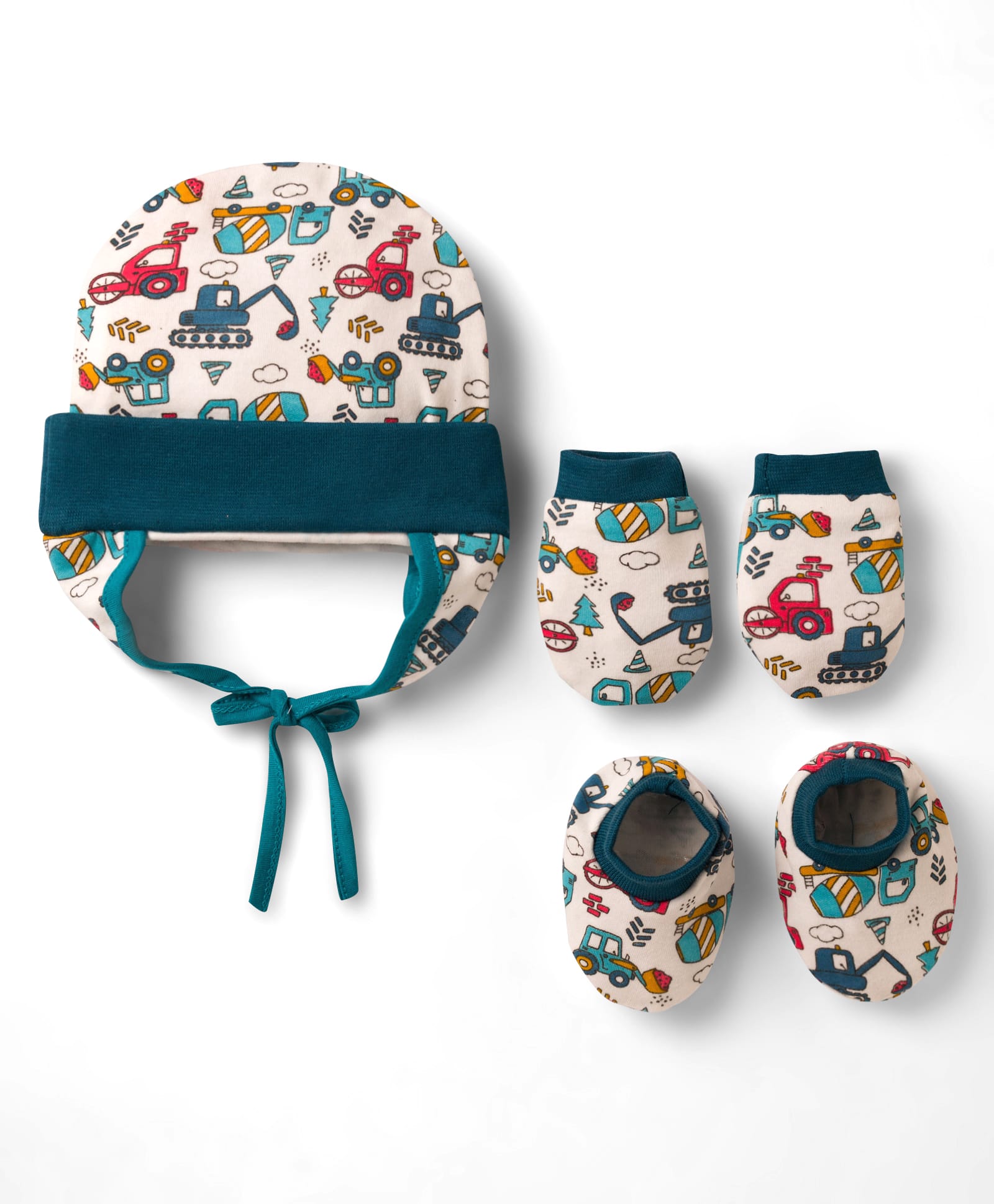 OHMS Single Jersey Knit Construction Vehicles Printed Cap Mittens & Booties Set Multi Color - Diameter 9 cm-image-43