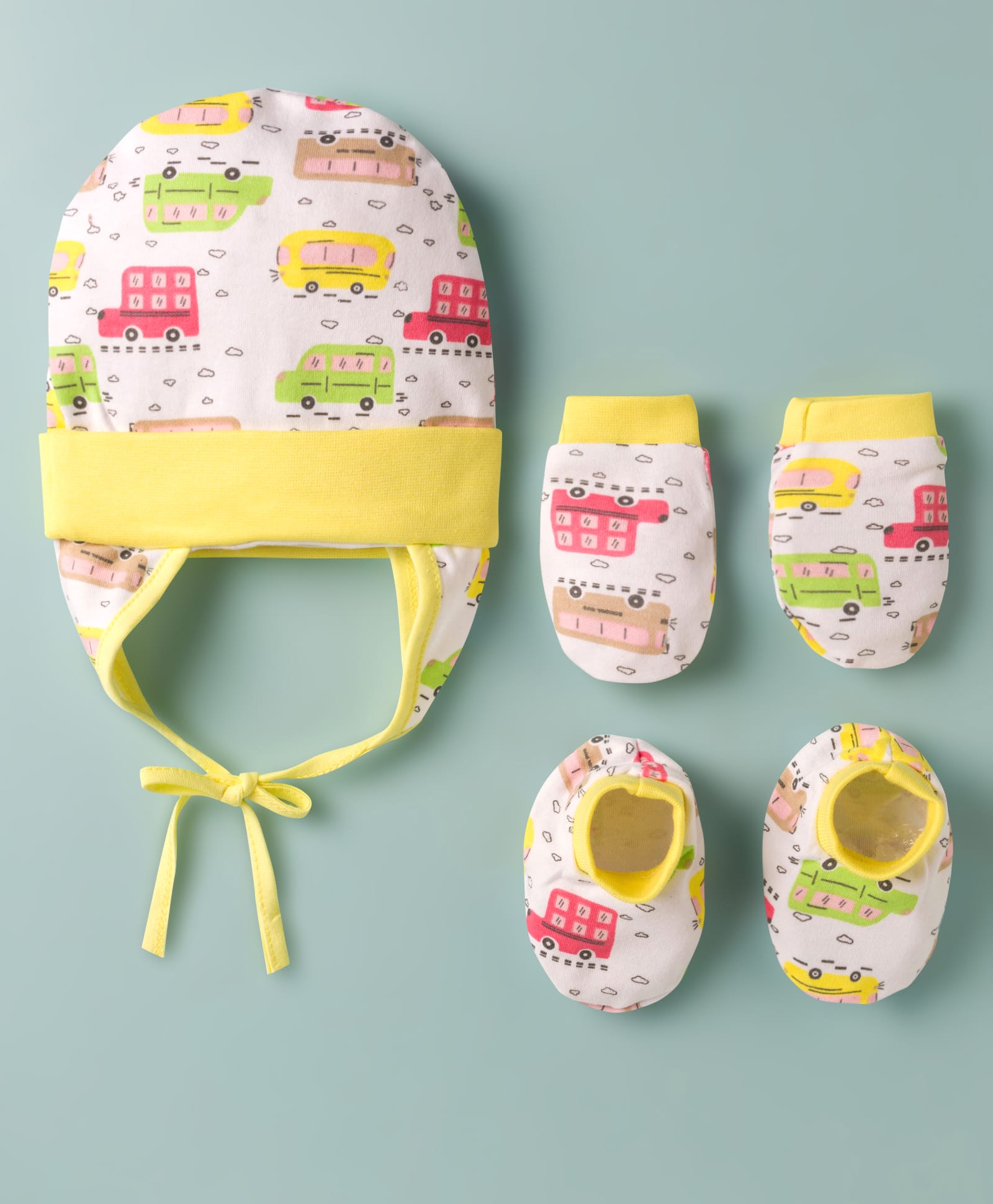 OHMS Single Jersey Knit Vehicles Printed Cap Mittens & Booties Set Multicolor - Diameter 9.5 cm-picture-25