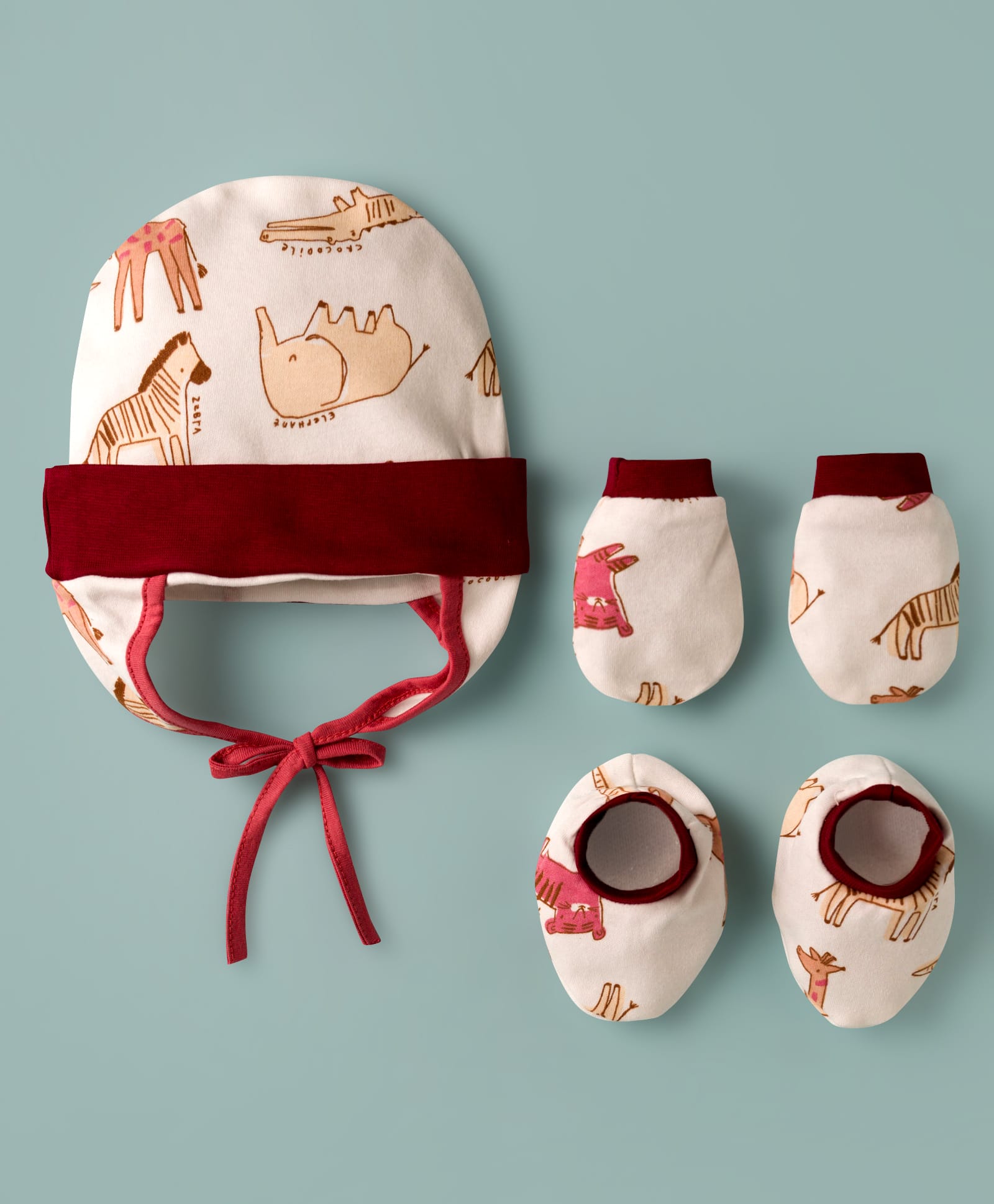 OHMS Single Jersey Knit Animal Printed Cap Mittens & Booties Set Multi Color -Diameter 9 cm-image-39