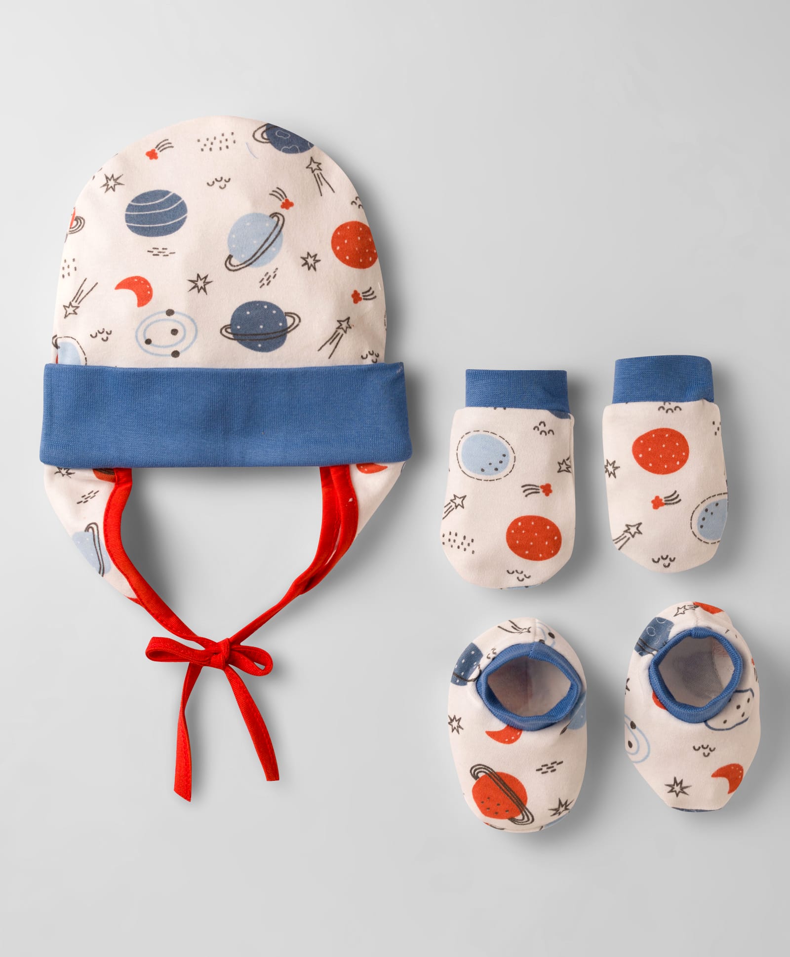 OHMS Single Jersey Knit Space Theme Printed Cap Mittens & Booties Set Multi Color - Diameter 9.5 cm-image-4
