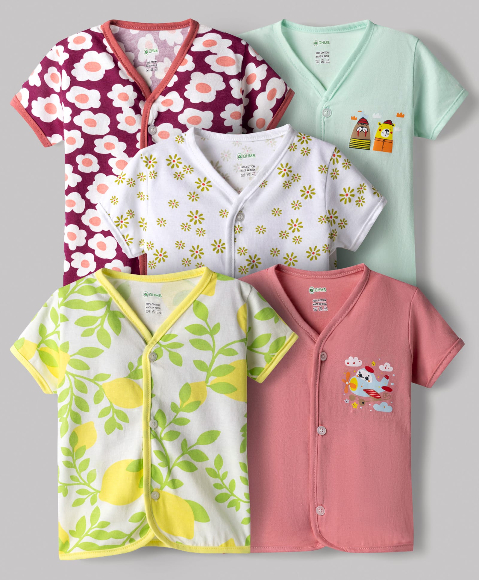 OHMS Single Jersey Knit Half Sleeves Jhablas With Floral Animal & Helicopter Print Pack of 5 - Multicolor-picture-19