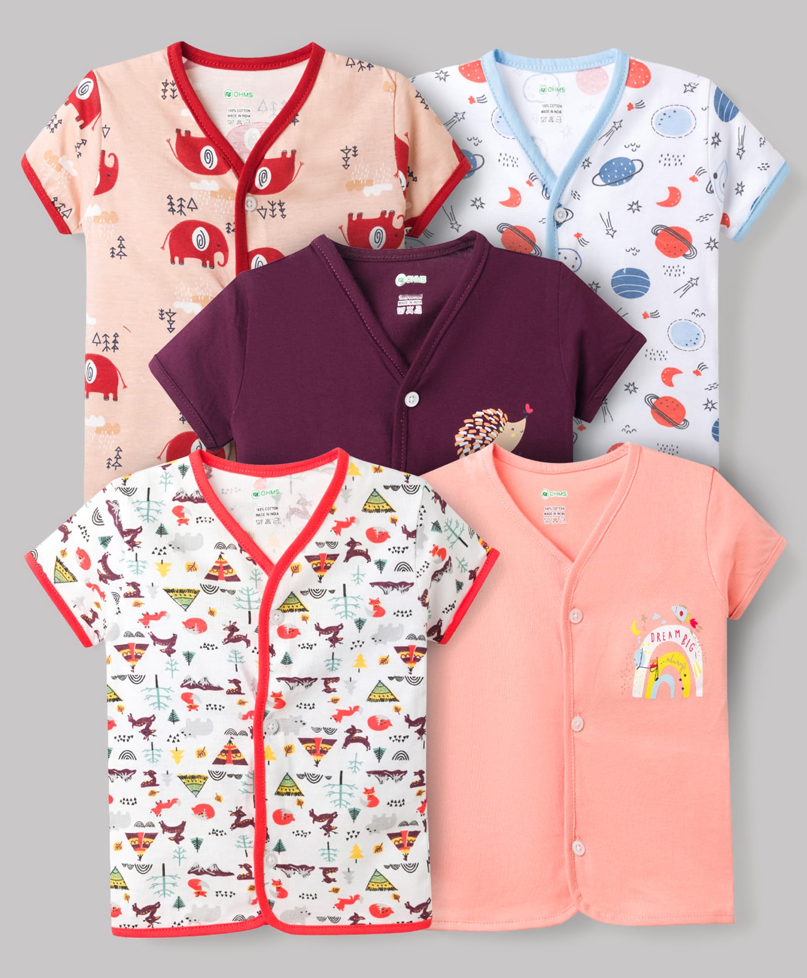 OHMS Single Jersey Knit Half Sleeves Printed Jhablas Pack of 5 - Multicolor-picture-13
