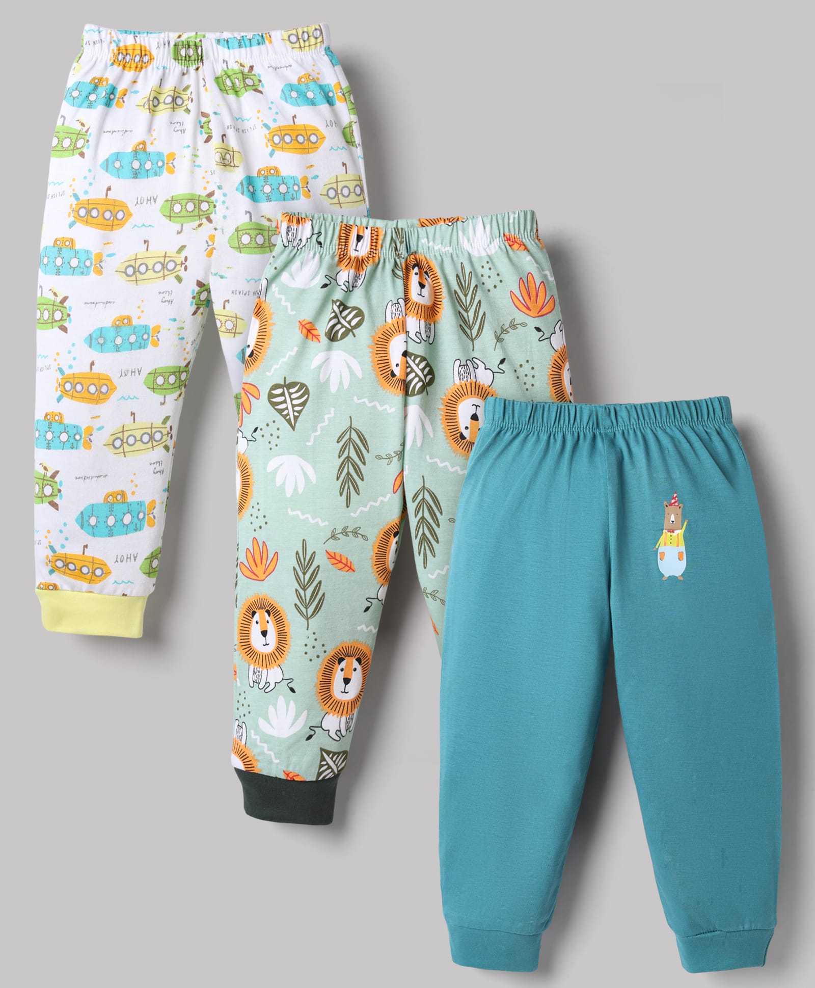 OHMS Single Jersey Knit Full Length Submarine & Animal Printed Lounge Pants Pack Of 3 - Multi Color-image-43