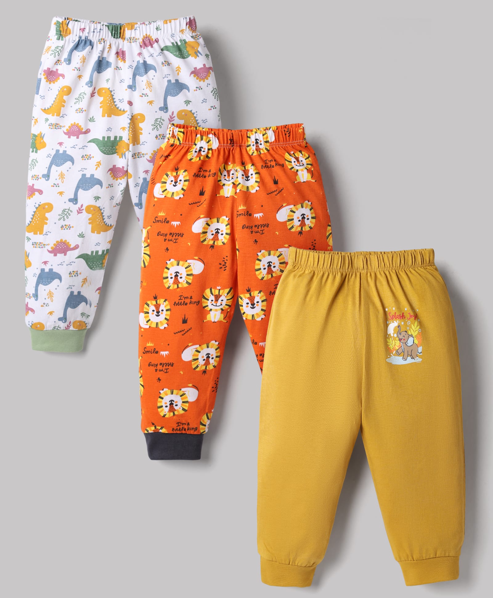 OHMS Single Jersey Knit Full Length Dino & Lion Printed Lounge Pants Pack Of 3 - Multi Color-picture-18
