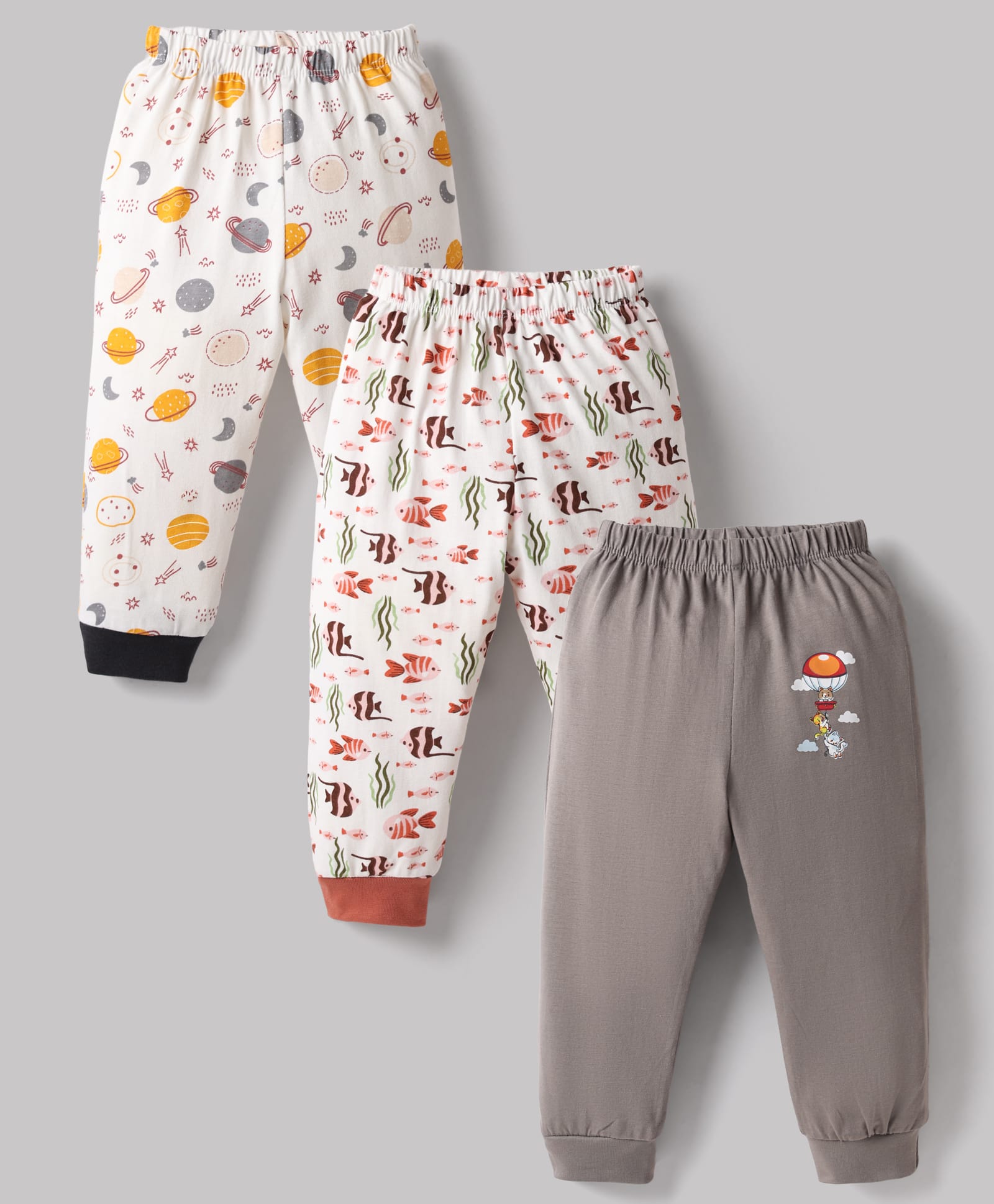 OHMS Single Jersey Knit Full Length Sea Life & Space Theme Printed Lounge Pants Pack Of 3 - Multi Color-image-48