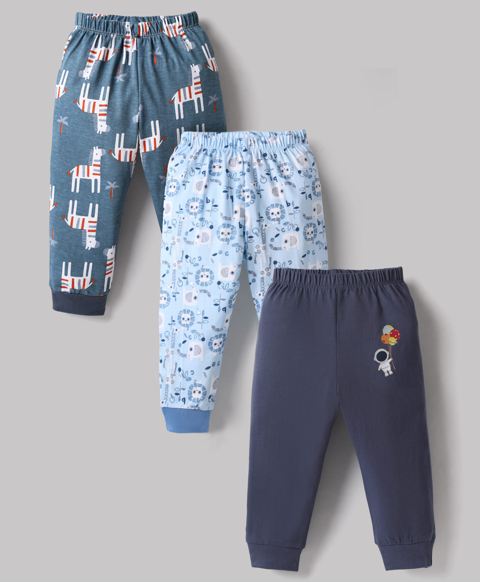 OHMS Single Jersey Knit Full Length Animal Vehicles & Space Theme Printed Lounge Pants Pack Of 3 - Multi Color-picture-23