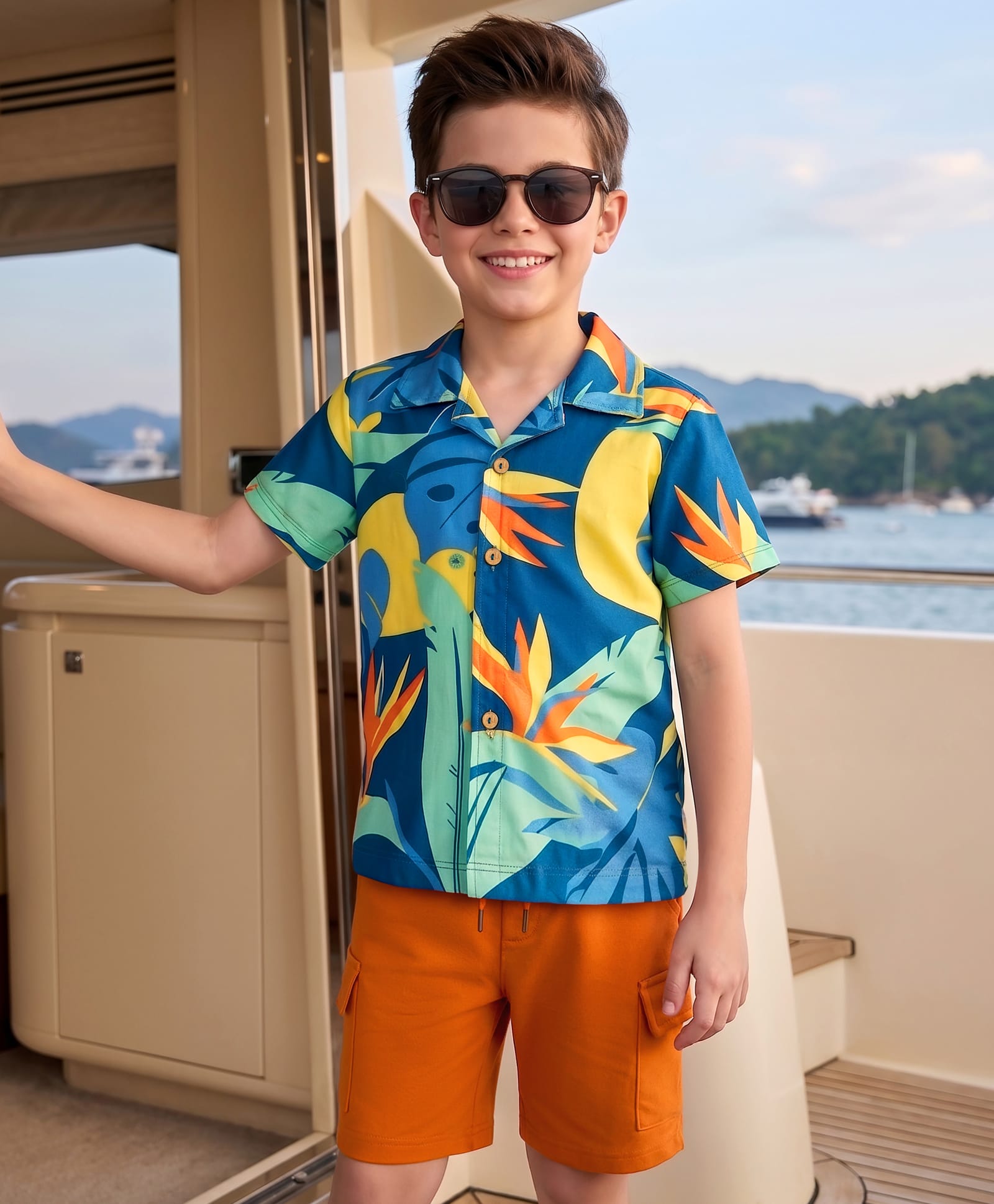 OLLINGTON ST. Cotton Knit Half Sleeves Floral Printed Shirt & Shorts Set - Multicolour & Rust-image-17