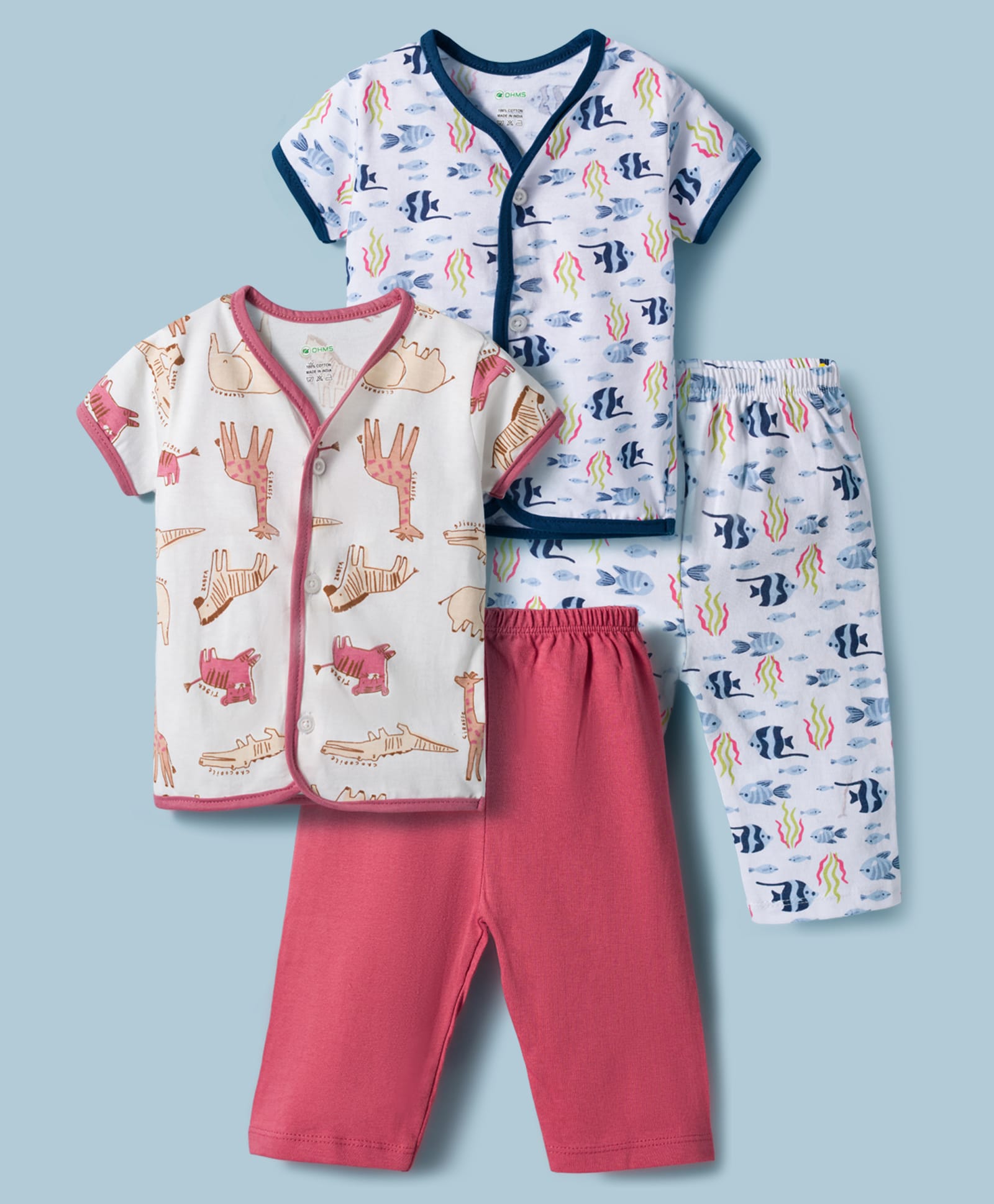 OHMS Single Jersey Knit Half Sleeves Co-Ords Animal & Sea Life Printed T-Shirt & Pyjama Night Suit Pack Of 2 - Red & Navy Blue-image-34