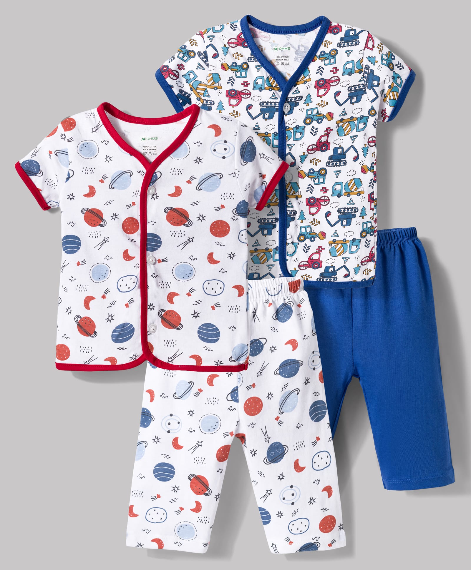 OHMS Single Jersey Knit Half Sleeves T-Shirt & Pyjama Co-ord Night Suits With Vehicle & Space Theme Print Pack of 2 - Multicolor-image-41