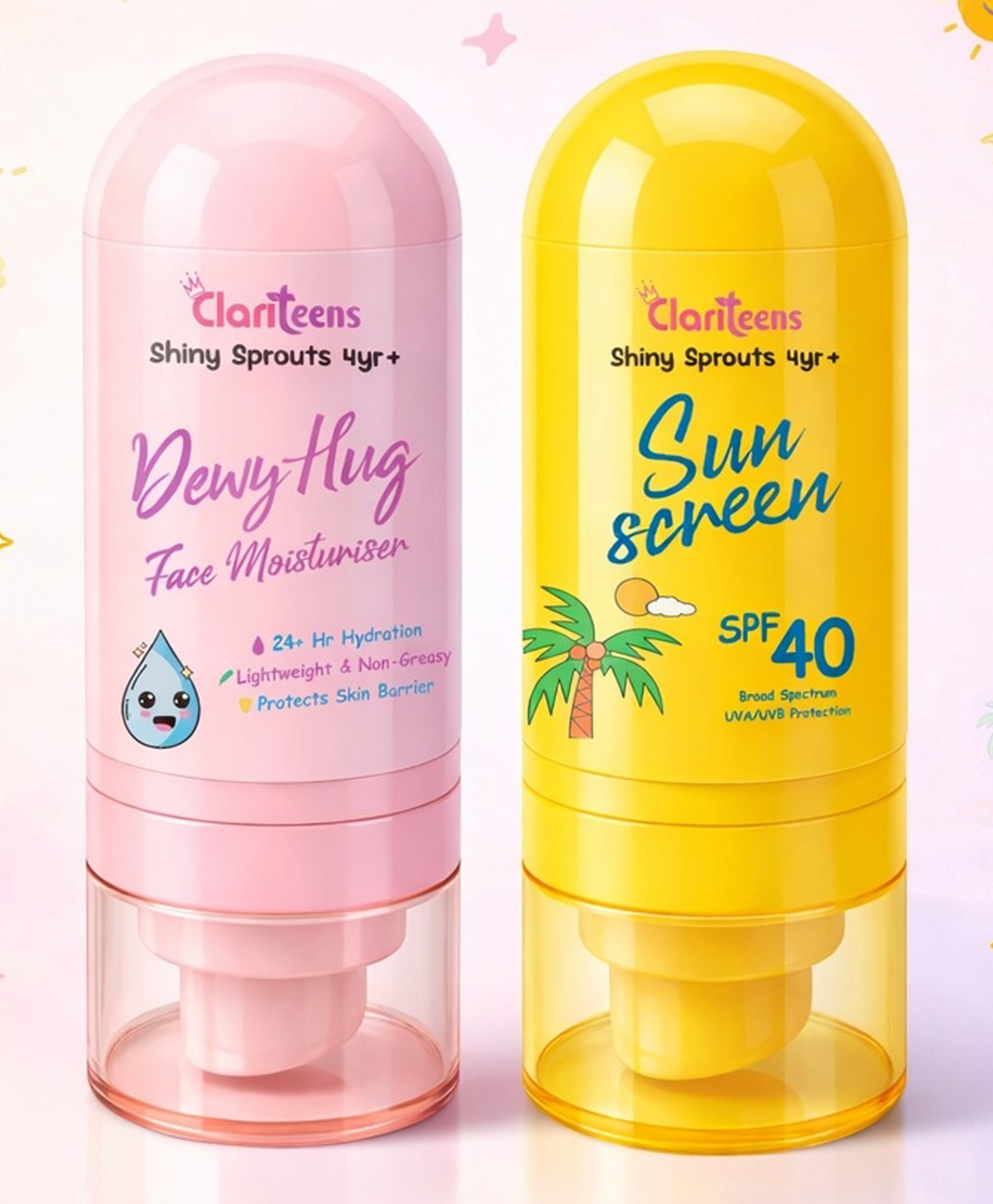 Clariteens Shiny Sprouts Combo Pack Kids Mineral Sunscreen SPF 40 & Dewy Hug Moisturizer | Daily Sun Protection + Lightweight Hydration | Vegan, Gentle & Non Greasy Skin Care for Ages 4+ | 50 g each-image-2