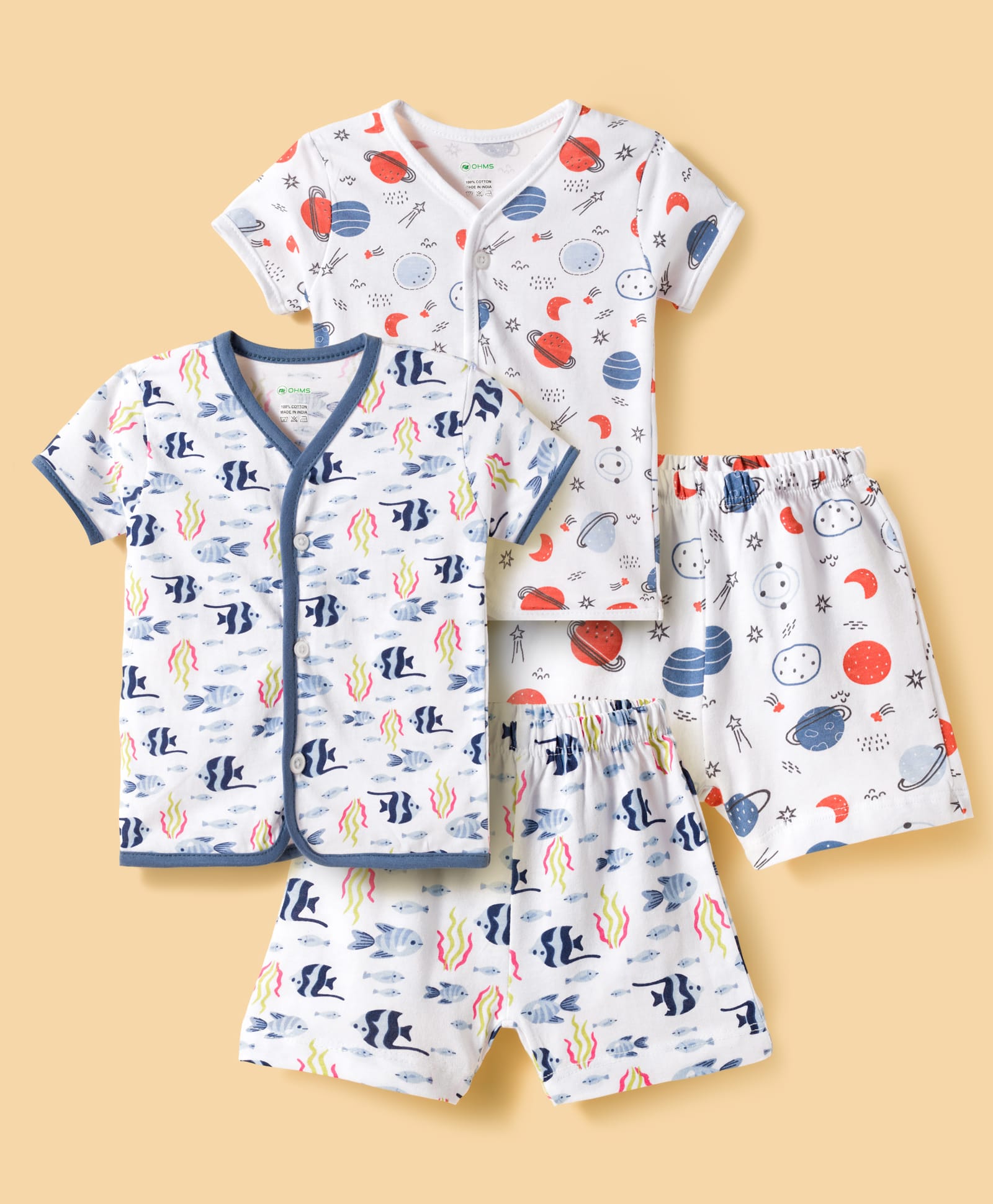 OHMS Single Jersey Knit Half Sleeves T-Shirts & Shorts Co-ord Night Suits With Space Theme & Sea Animals Print Pack of 2 - Multicolor-image-49