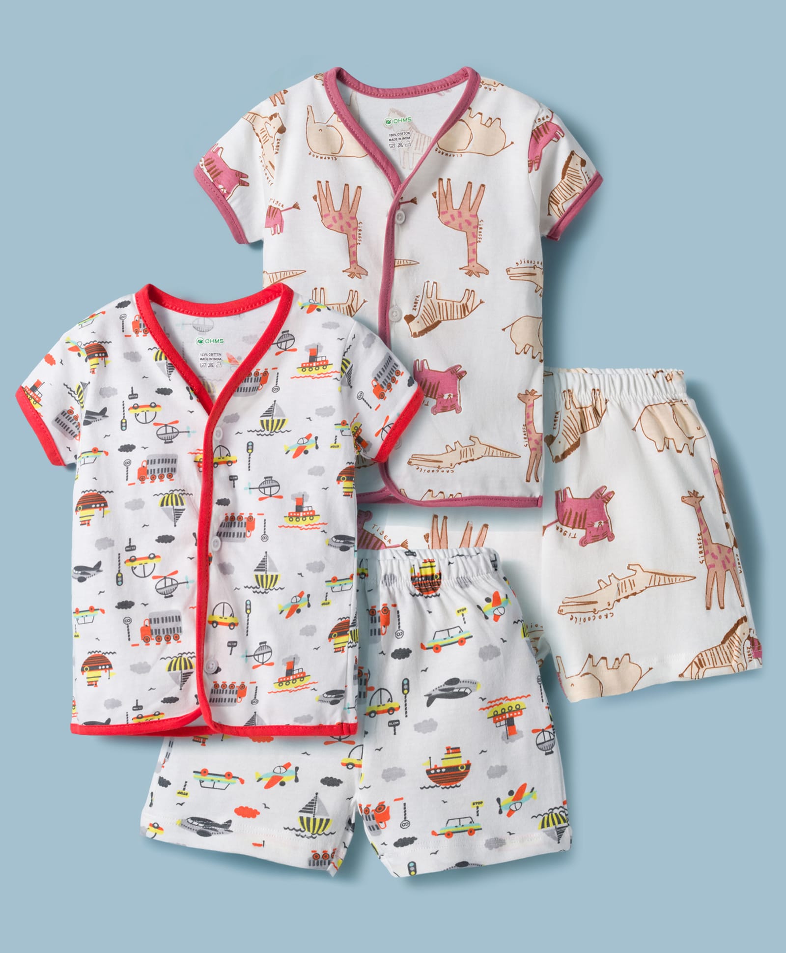 OHMS Single Jersey Knit Half Sleeves Vehicles & Animal Printe Co-Ords T-Shirt & Shorts Night Suit Pack Of 2 - Multicolour-image-18