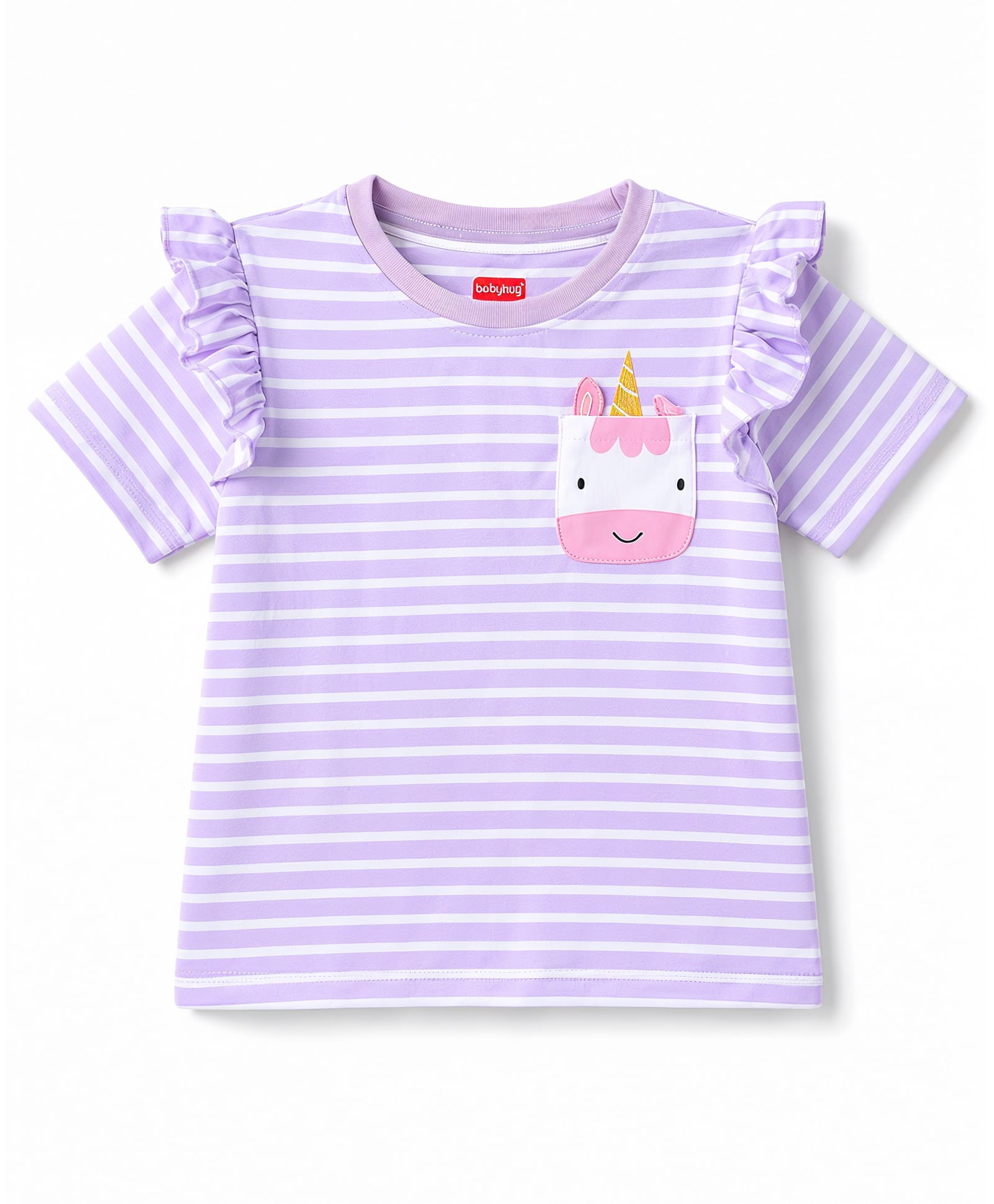 Babyhug Cotton Knit Half Sleeves Striped T-Shirt with Unicorn Graphic- Lavender-image-47