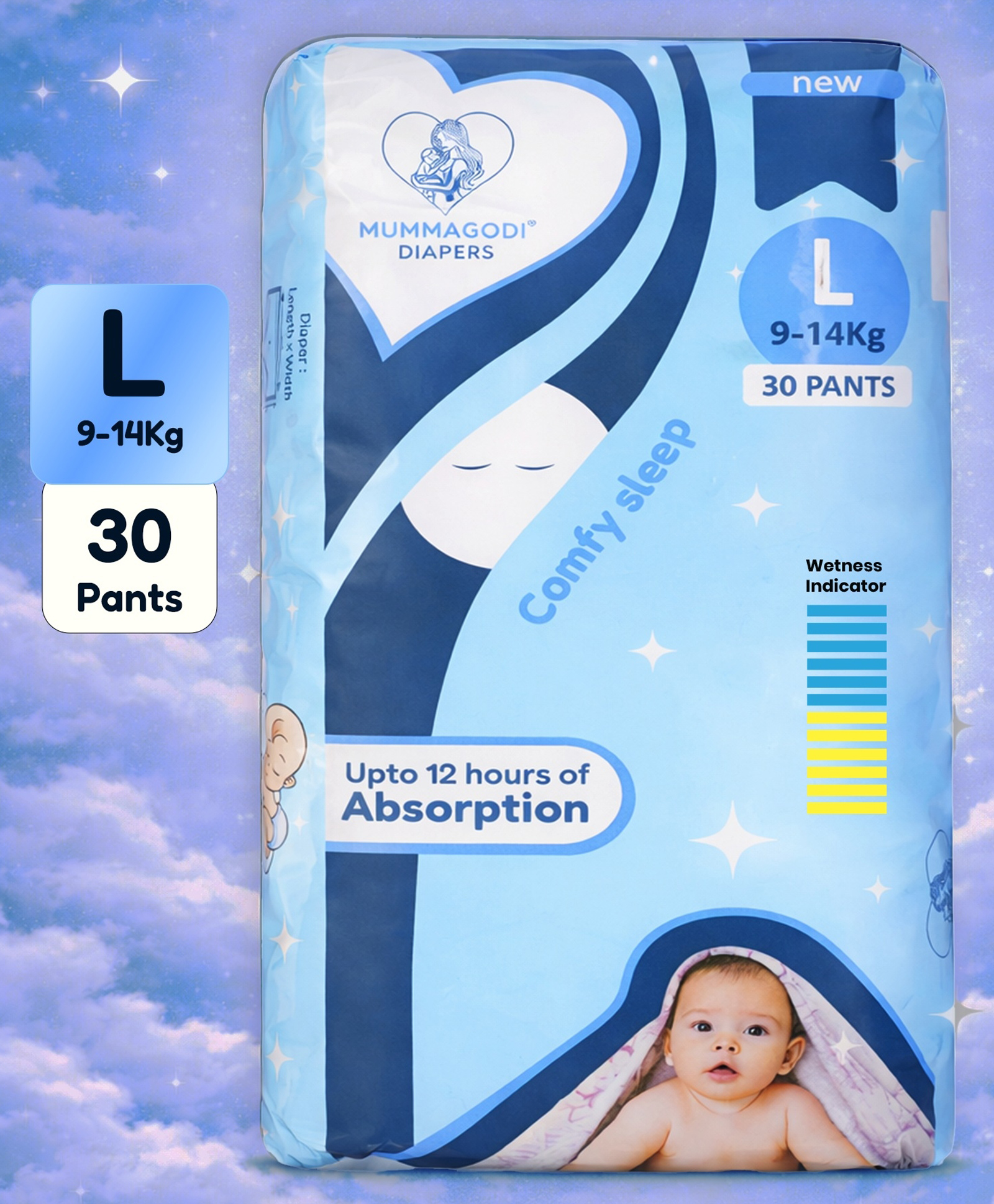 MummaGodi Baby Diaper L Size, Deep Sleep, Skin Friendly with Wetness Indicator (Yellow - Blue), Pack of 30 Pants, Ideal for 9-14 kg Child-image-37