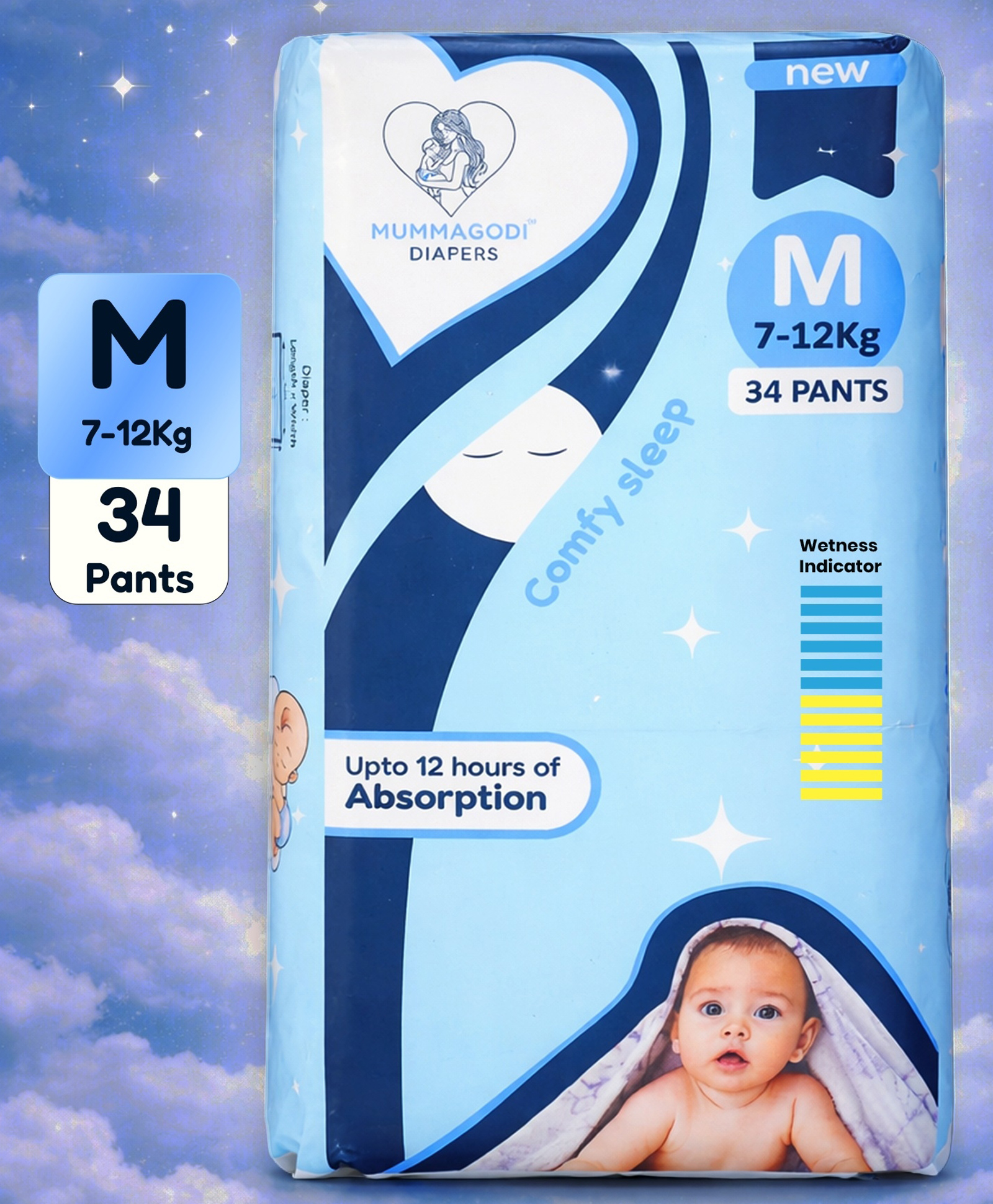 MummaGodi Baby Diaper M Size, Deep Sleep, Skin Friendly with Wetness Indicator (Yellow - Blue), Pack of 34 Pants, Ideal for 7-12 kg Child-image-44