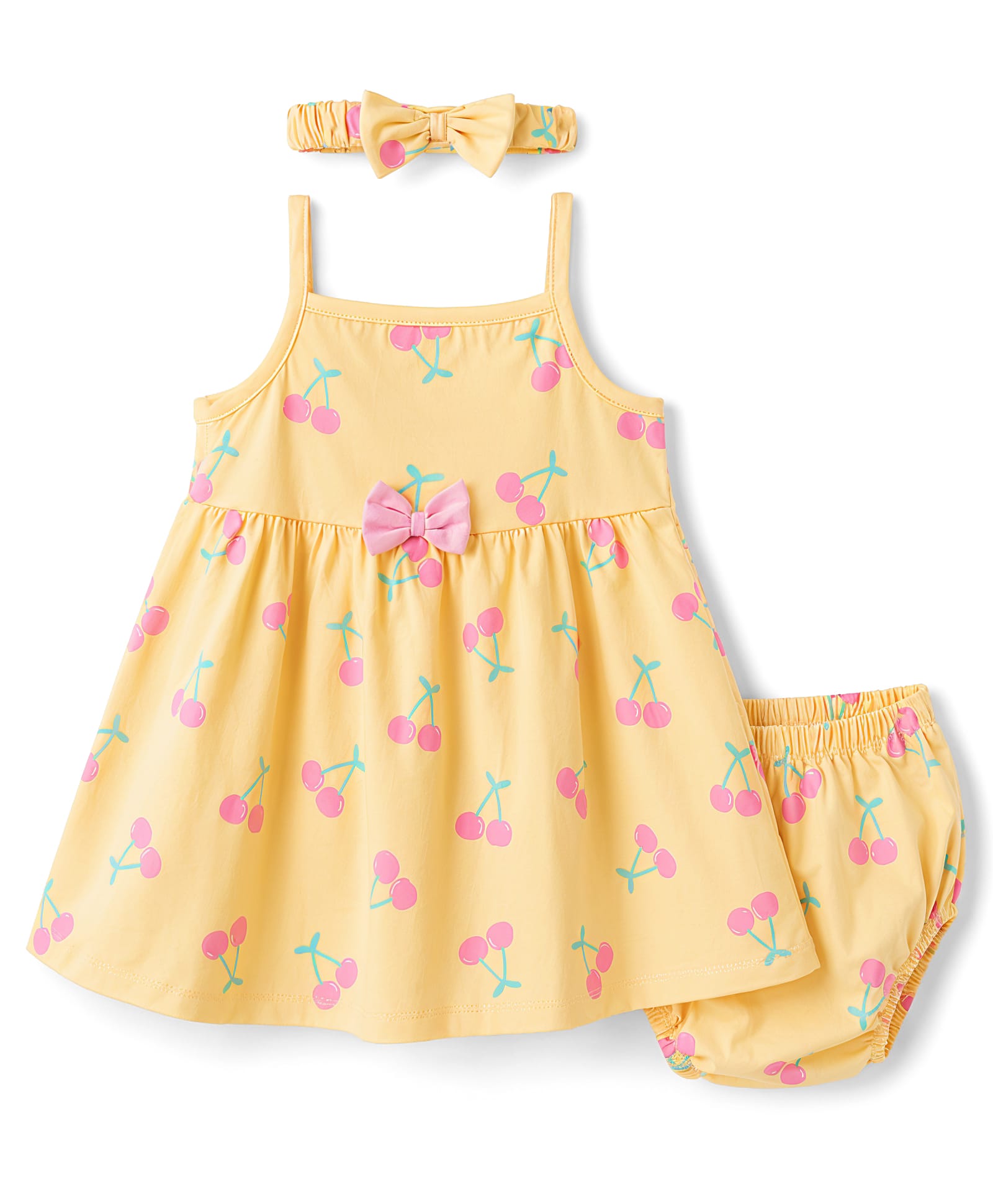 Babyhug Single Jersey Knit Sleeveless Cherry Printed Bow Applique Frock With Bloomer & Headband - Yellow-image-8