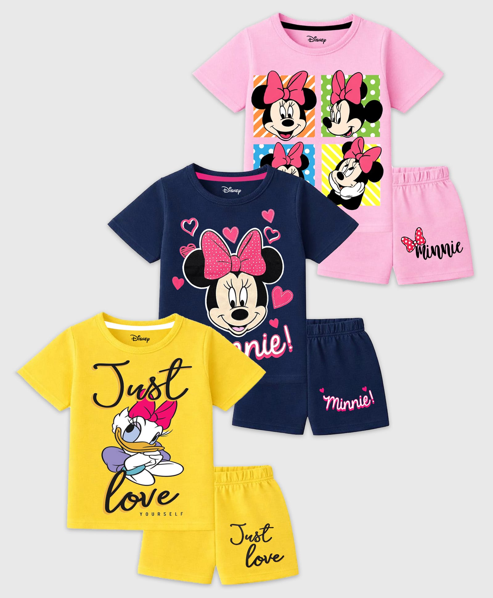 KUCHIPOO Cotton Blend Knit Pack Of 3 Mickey & Friends Featuring Half Sleeves Characters Printed Tee & Shorts Set - Multi Colour-picture-32