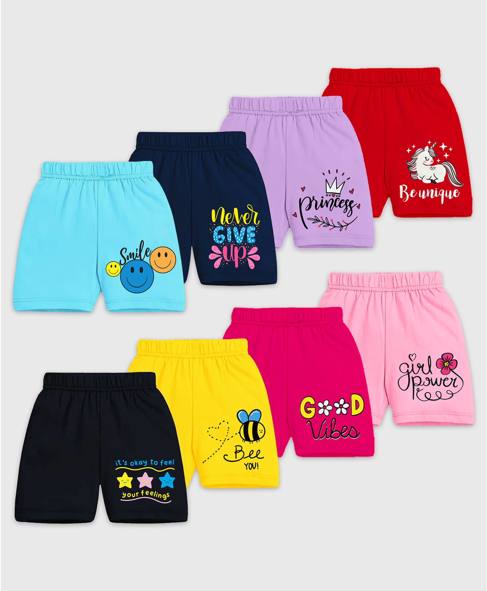 KUCHIPOO Cotton Blend Knit Pack Of 8 Unicorn & Typography Printed Shorts - Multi colour-picture-11