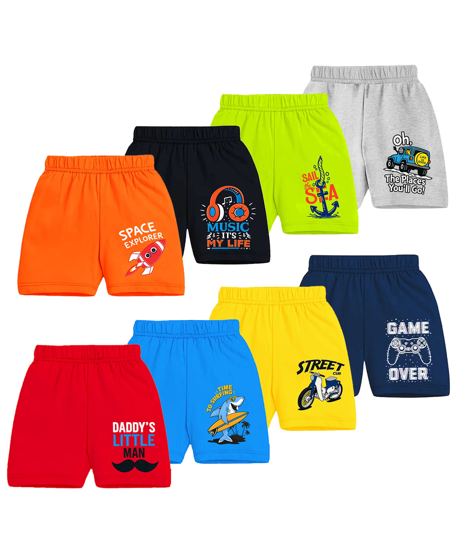 KUCHIPOO Cotton Blend Knit Pack Of 8 Vehicles & Shark Printed Shorts - Multi colour-picture-10