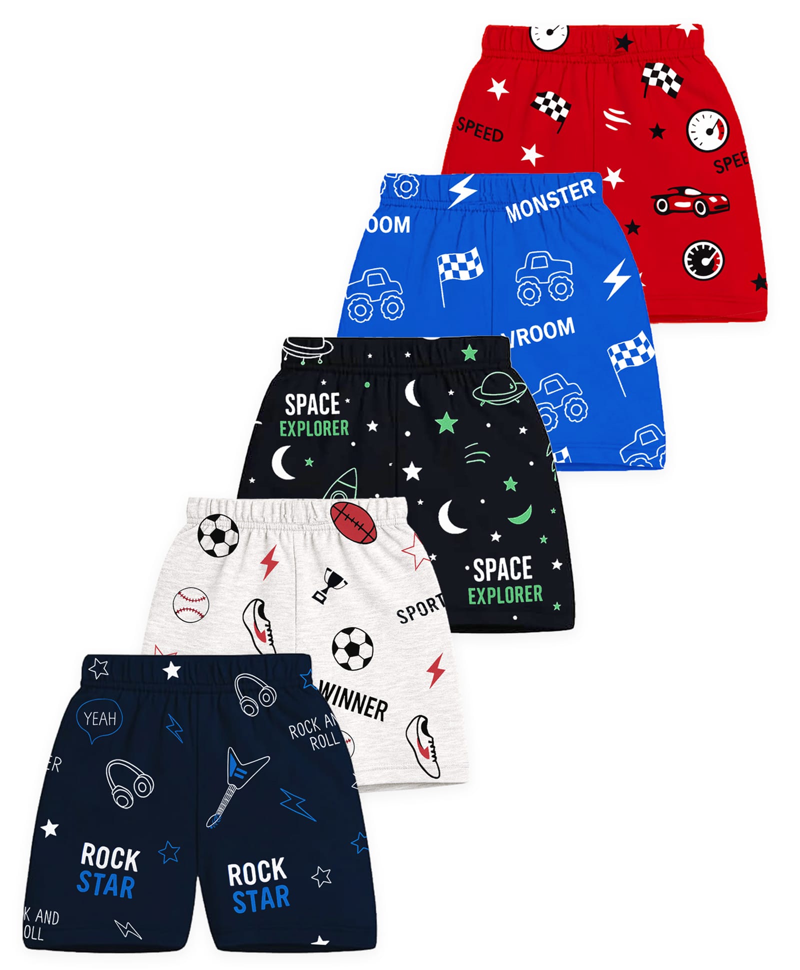 KUCHIPOO Cotton Blend Knit Pack Of 5 Space Theme & Vehicles Printed Shorts - Multi Colour-picture-26