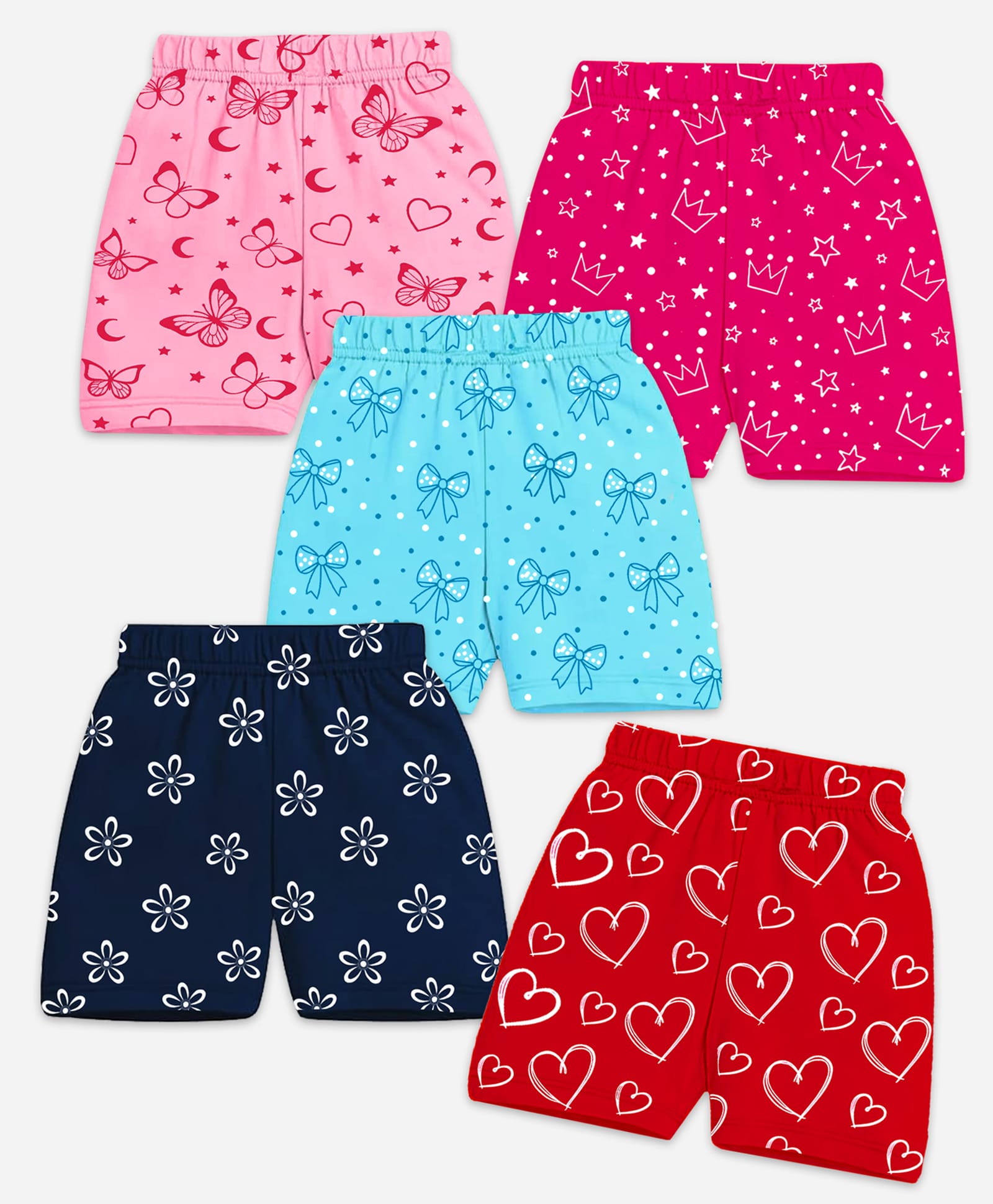 KUCHIPOO Cotton Blend Knit Pack Of 5 Hearts Bow & Floral Printed Shorts - Multi Colour-picture-26