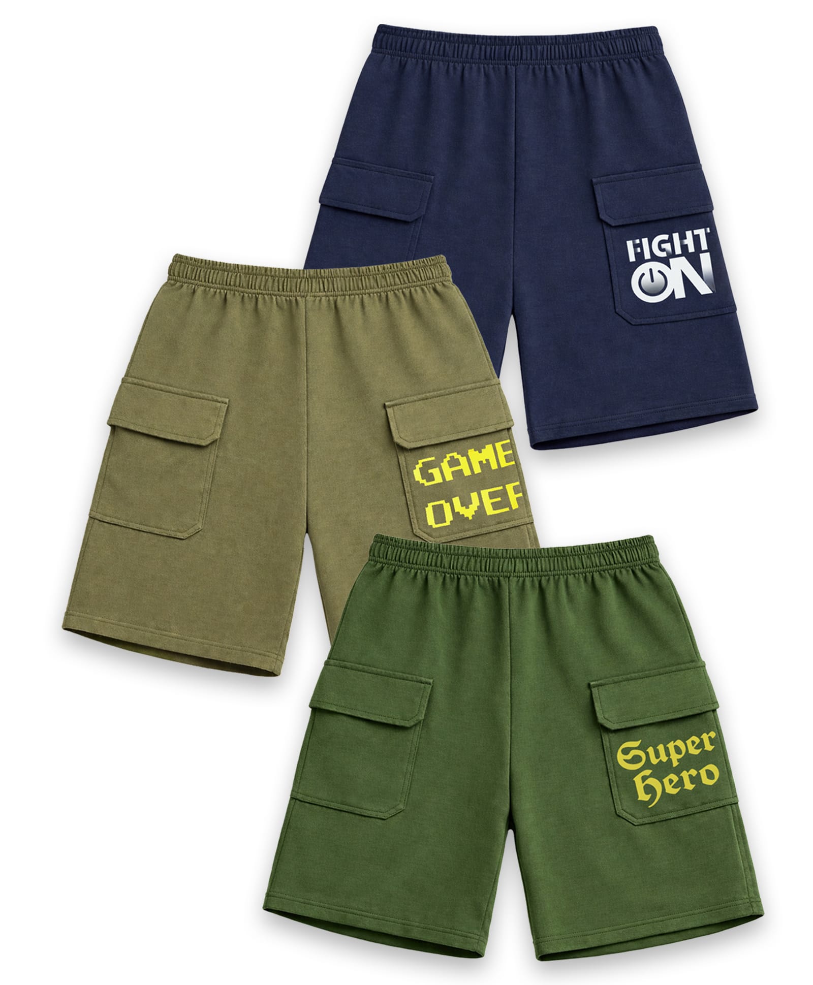 KUCHIPOO Cotton Blend Knit Pack Of 3 Game Over & Super Hero Text Printed Shorts - Multi Colour-picture-14