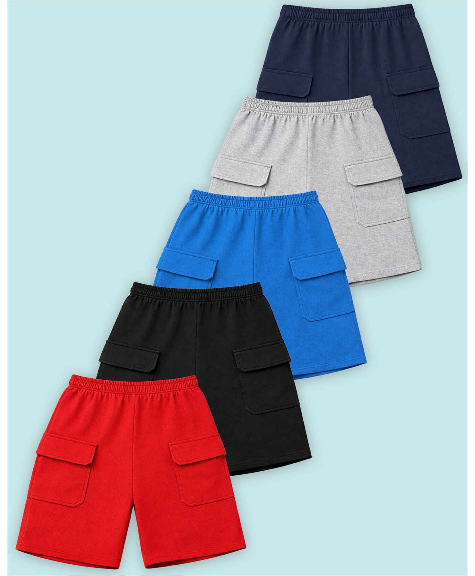 KUCHIPOO Cotton Blend Knit Pack Of 5 Solid Cargo Shorts - Multi Colour-picture-18