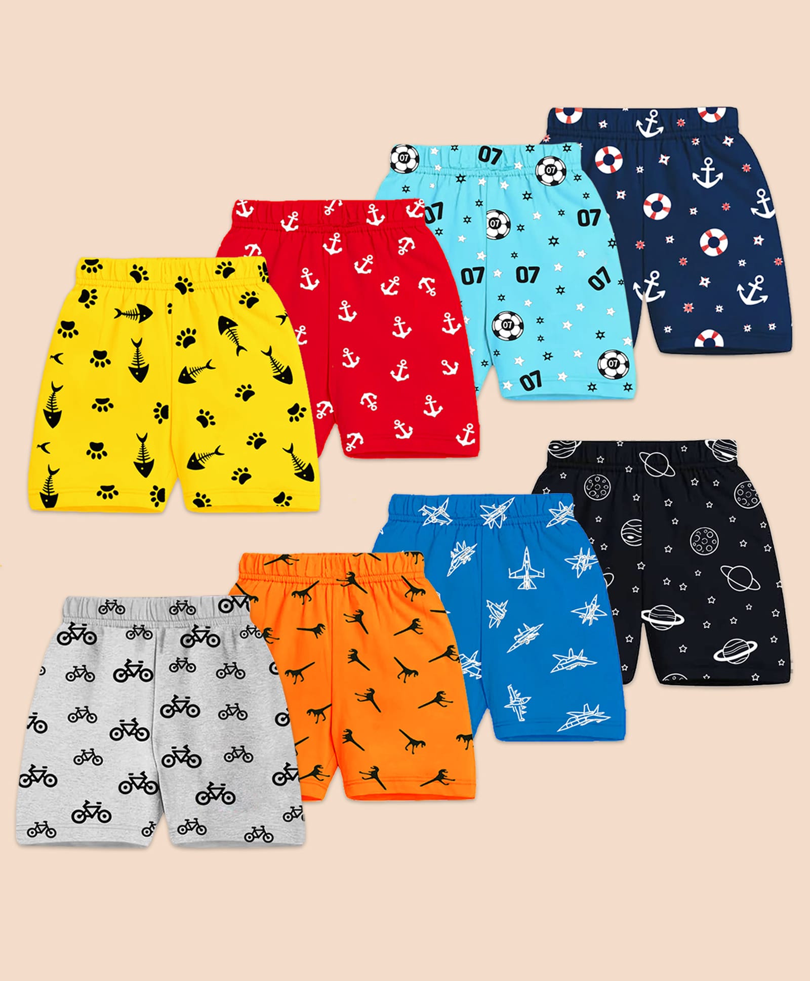 KUCHIPOO Cotton Blend Knit Pack Of 8 Animals & Space Theme Printed Shorts - Multi Colour-picture-24