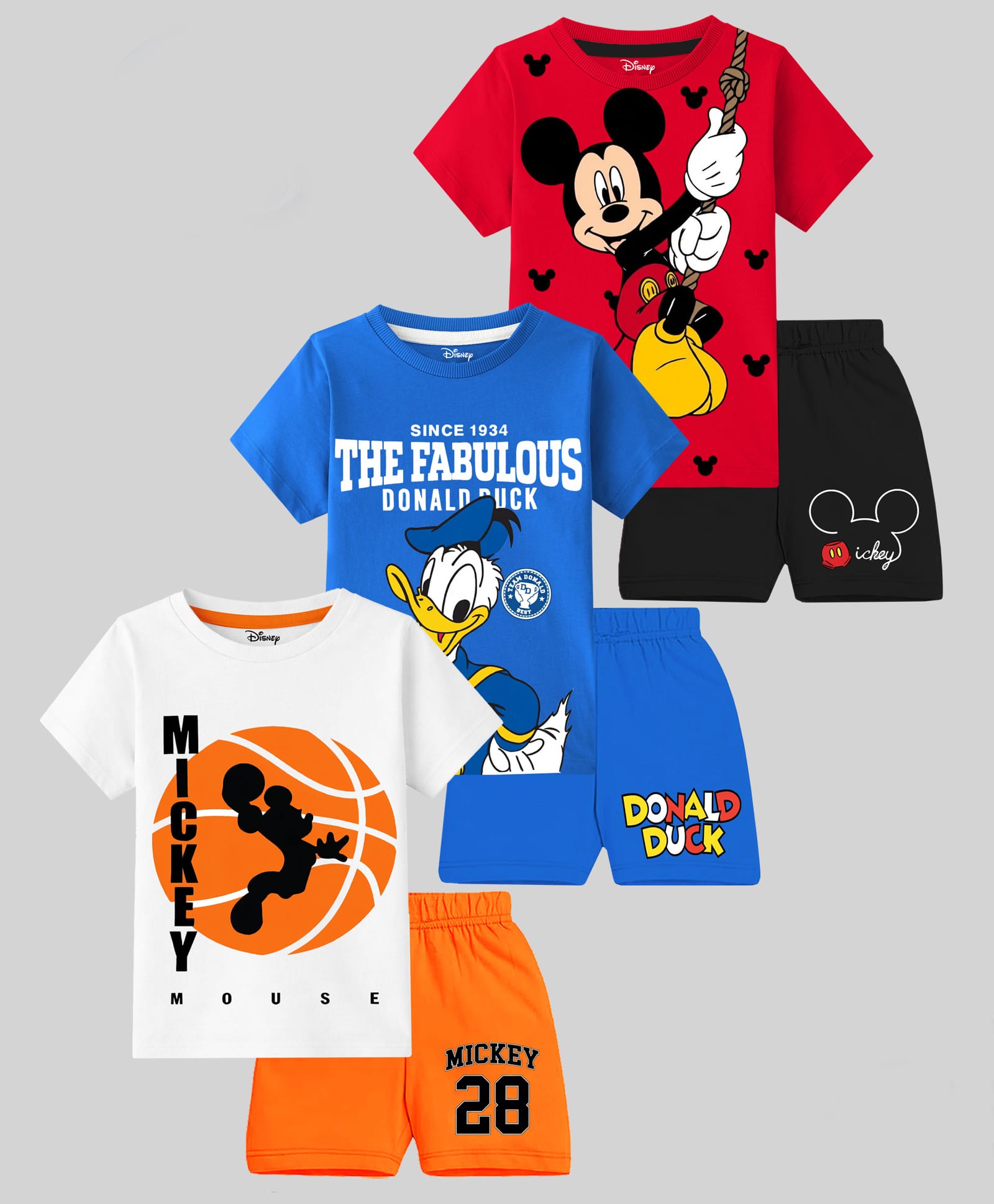 KUCHIPOO Cotton Blend Knit Pack Of 3 Mickey & Friends Featuring Half Sleeves Characters Printed Tee & Shorts Set - Multi Colour-image-26