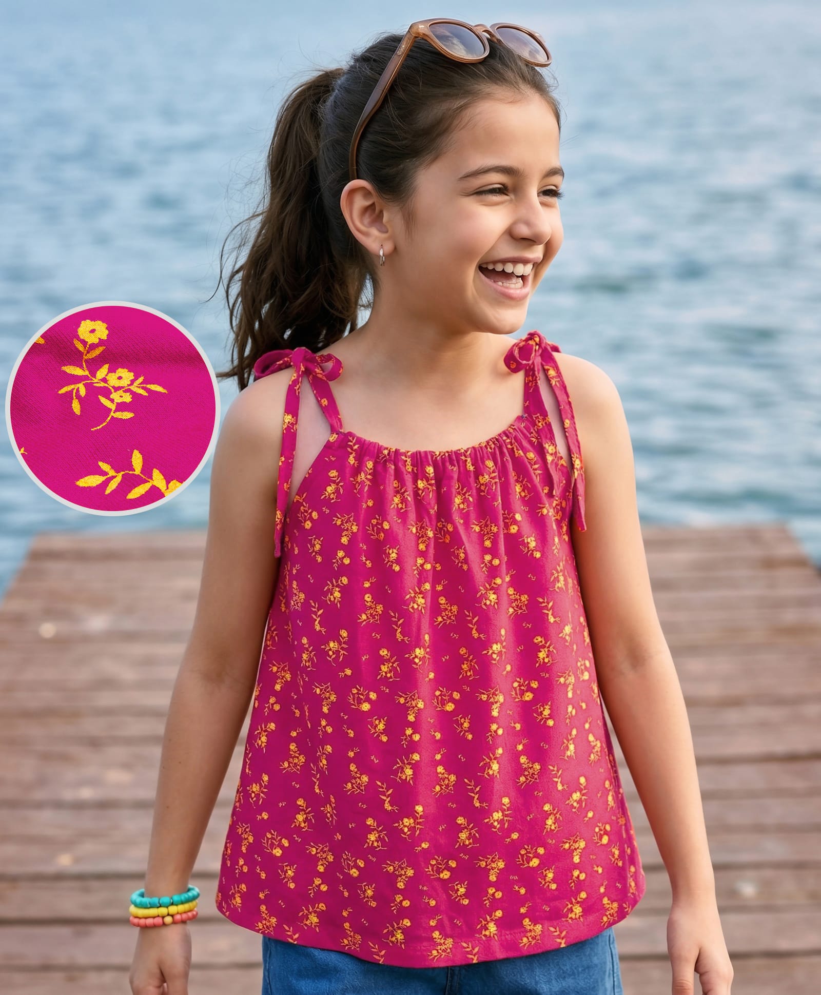 Pine Kids Cotton Knit Sleeveless Floral Printed Top - Red-image-36