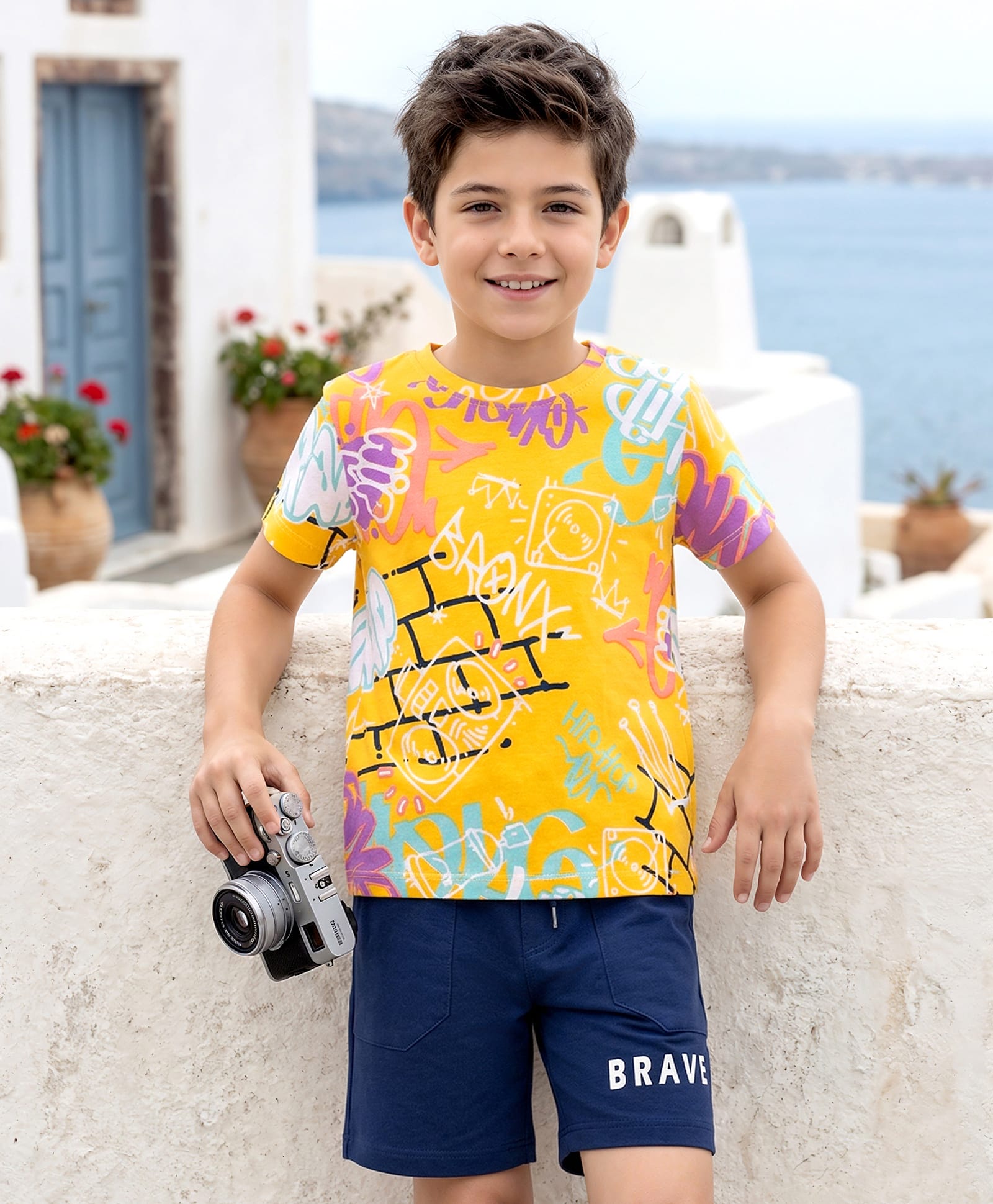 OLLINGTON ST. Cotton Knit Half Sleeves Printed T-Shirt & Shorts Set - Multicolour & Blue-image-35