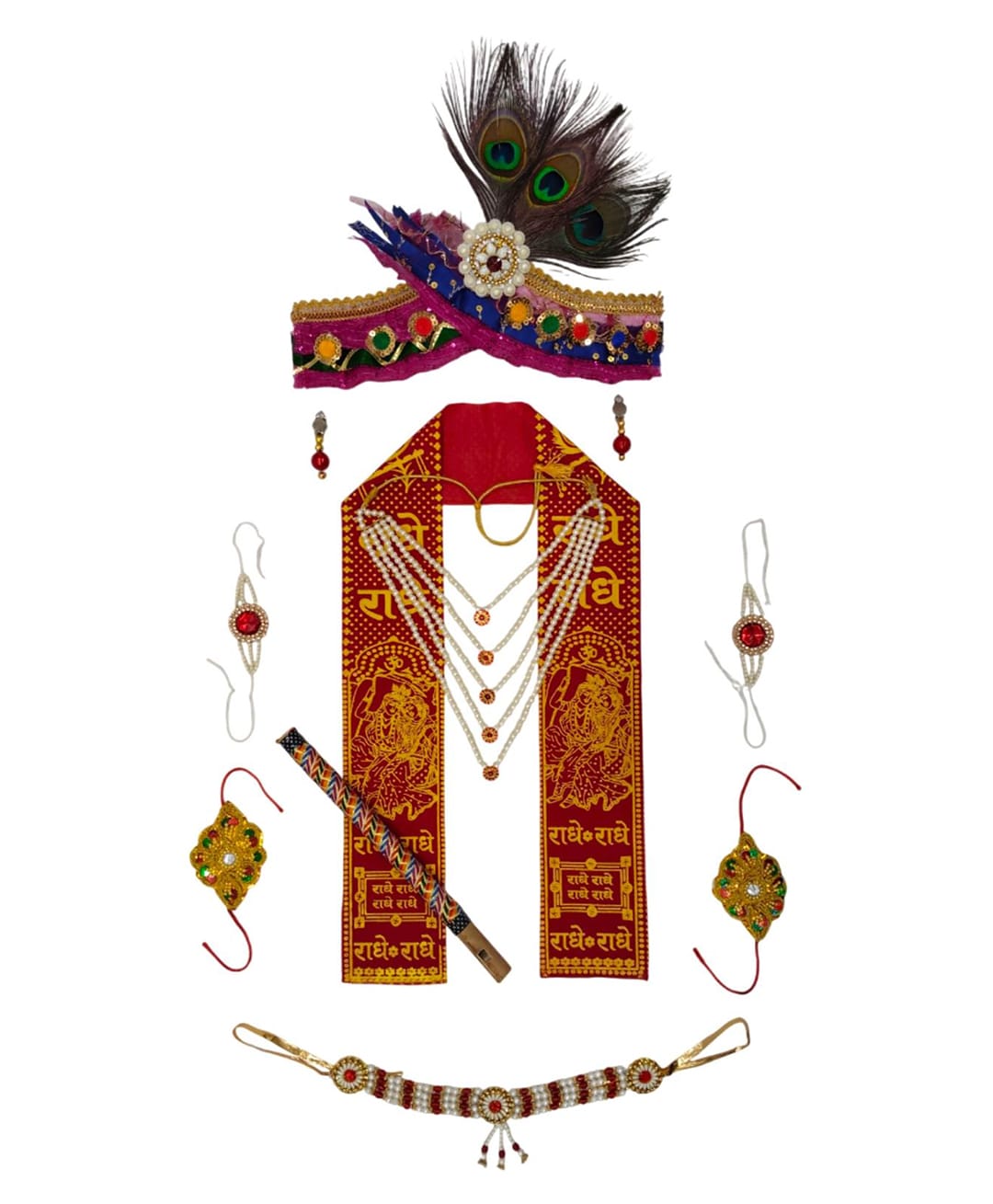 BookMyCostume Shri Krishna Costume Set With Bansuri Mala Patka Earrings & Baajuband - Multi Colour-image-11