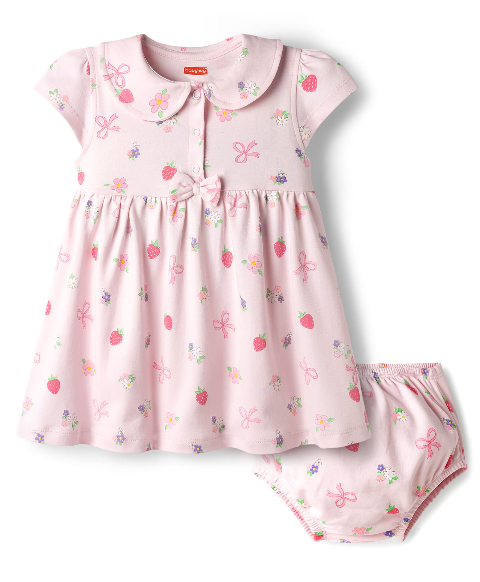 Babyhug Cotton Knit Frocks with Bloomer/Short Cap Sleeves Peter Pan Collar All Over Prints Pink 12-18 Months-image-34