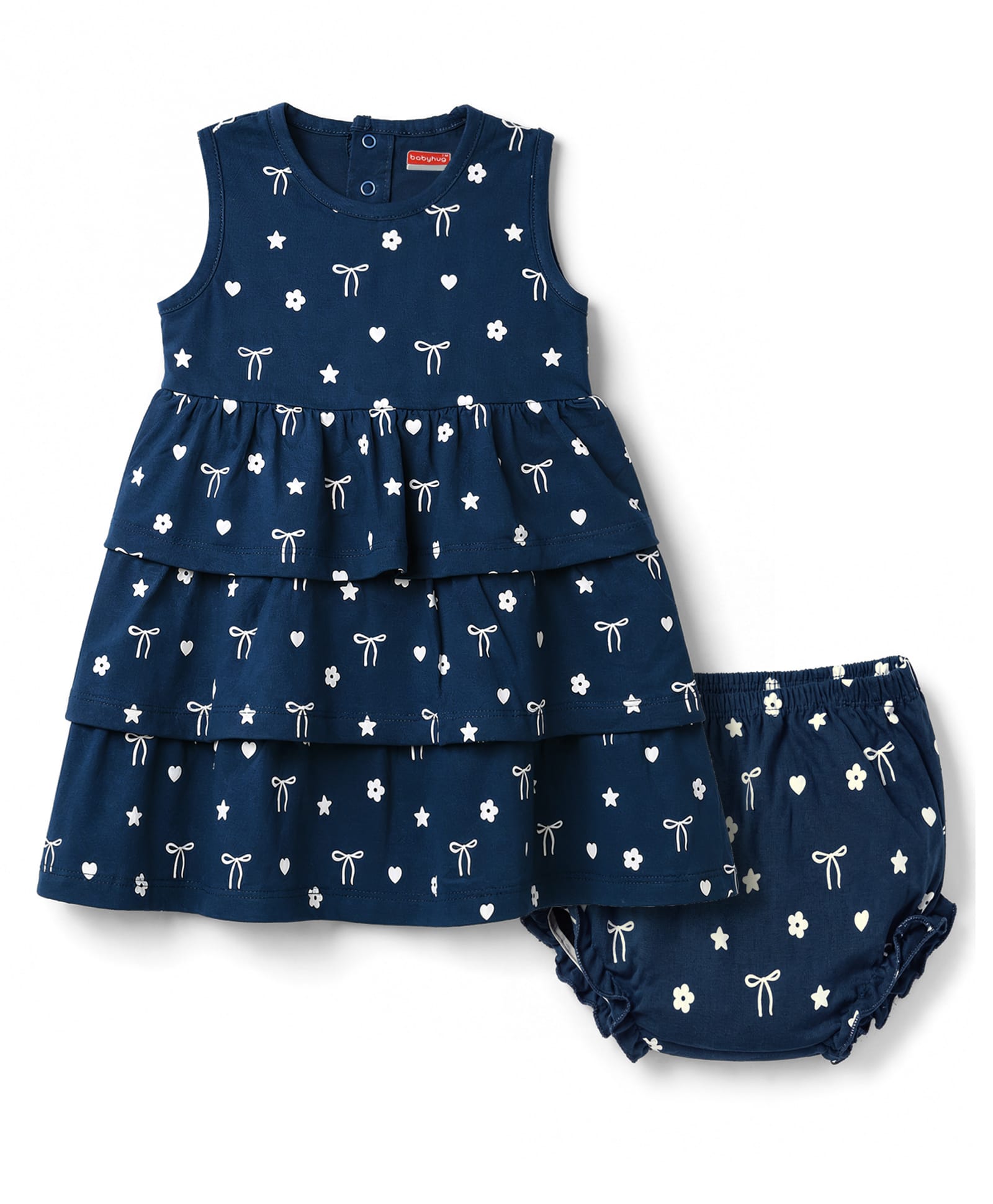 Babyhug Cotton Knit Frocks with Bloomer/Short Sleeveless Tiered All Over Prints Blue New Born-image-44