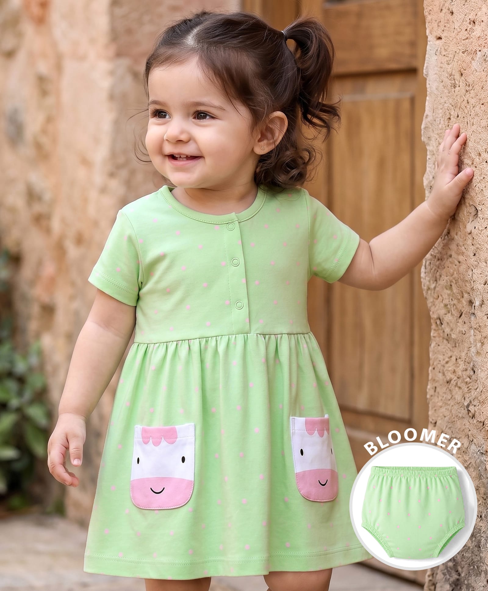 Babyhug Single Jersey Knit Half Sleeves Polka Dots Printed Frock With Bloomer & Cow Patch - Light Green-picture-36