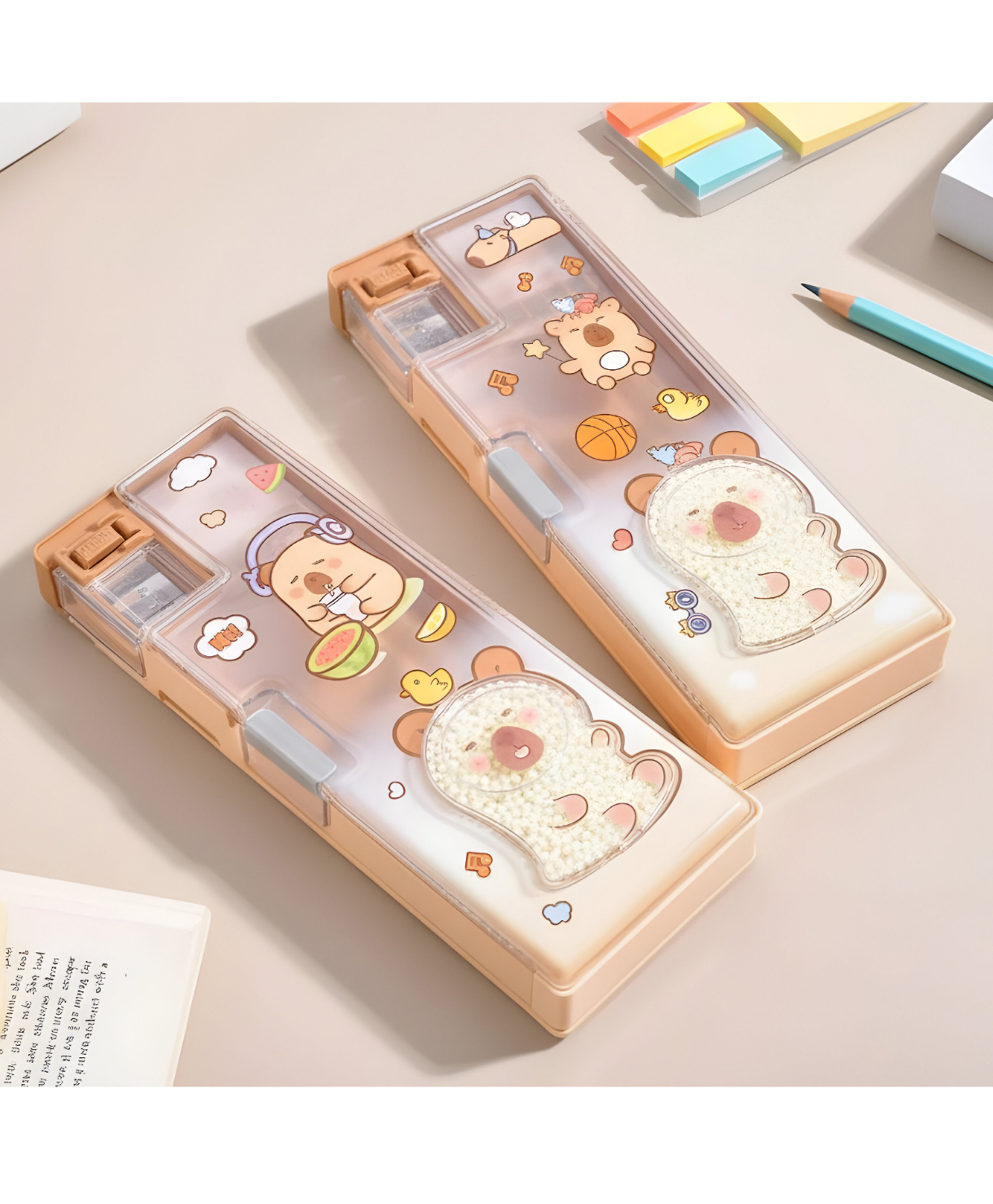 SCHOOLISH Capybara Pencil Case Box Double Compartment Magnetic Pencil with Sharpener, Pen & Pencil Holder, Stationary Organizer Box for Kids- PACK OF 1- COLOR MAY VARY-picture-27