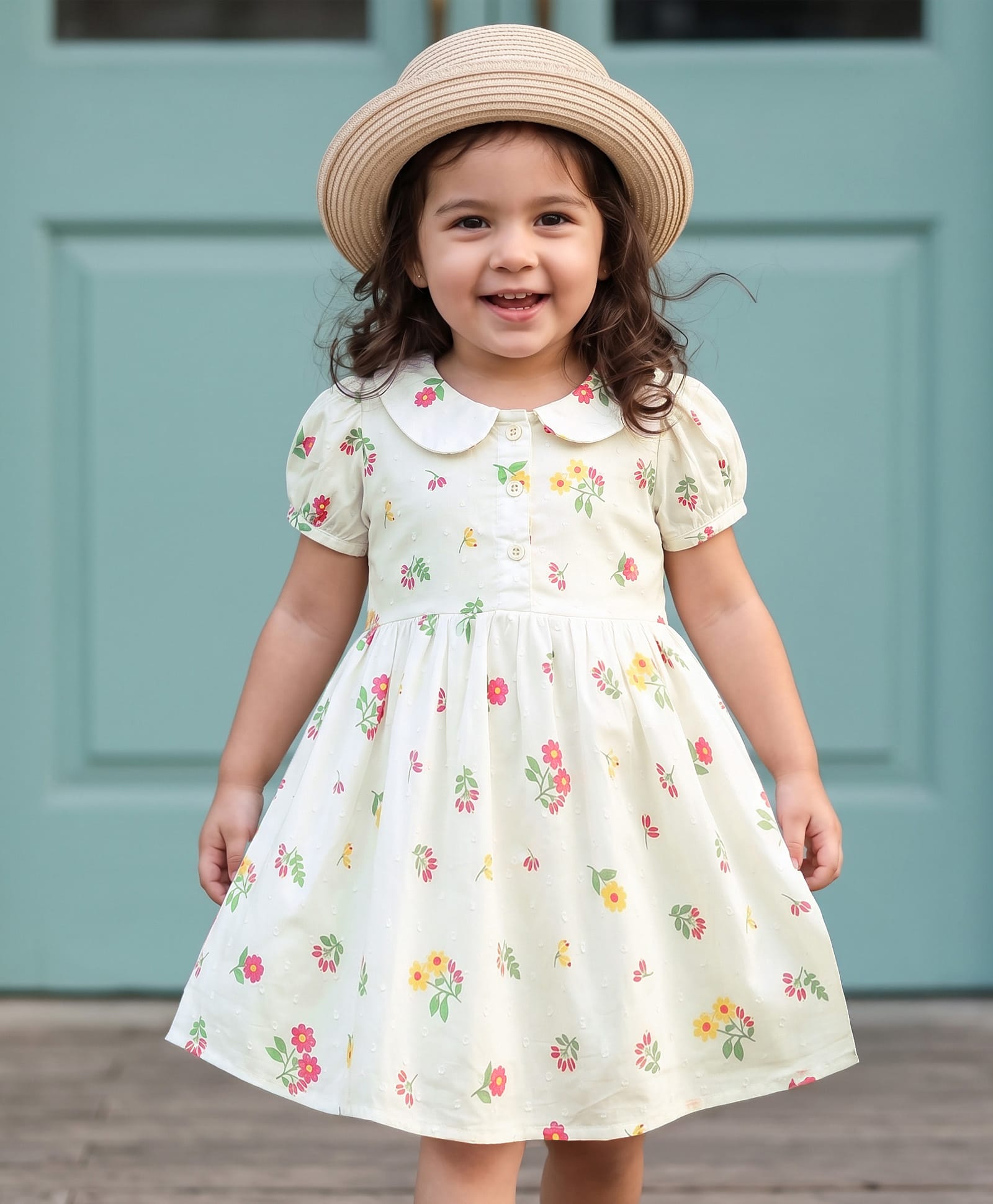 Babyhug Cotton Woven Half Puff Sleeves Floral Printed Frock With Peter Pan Collar - White-image-29