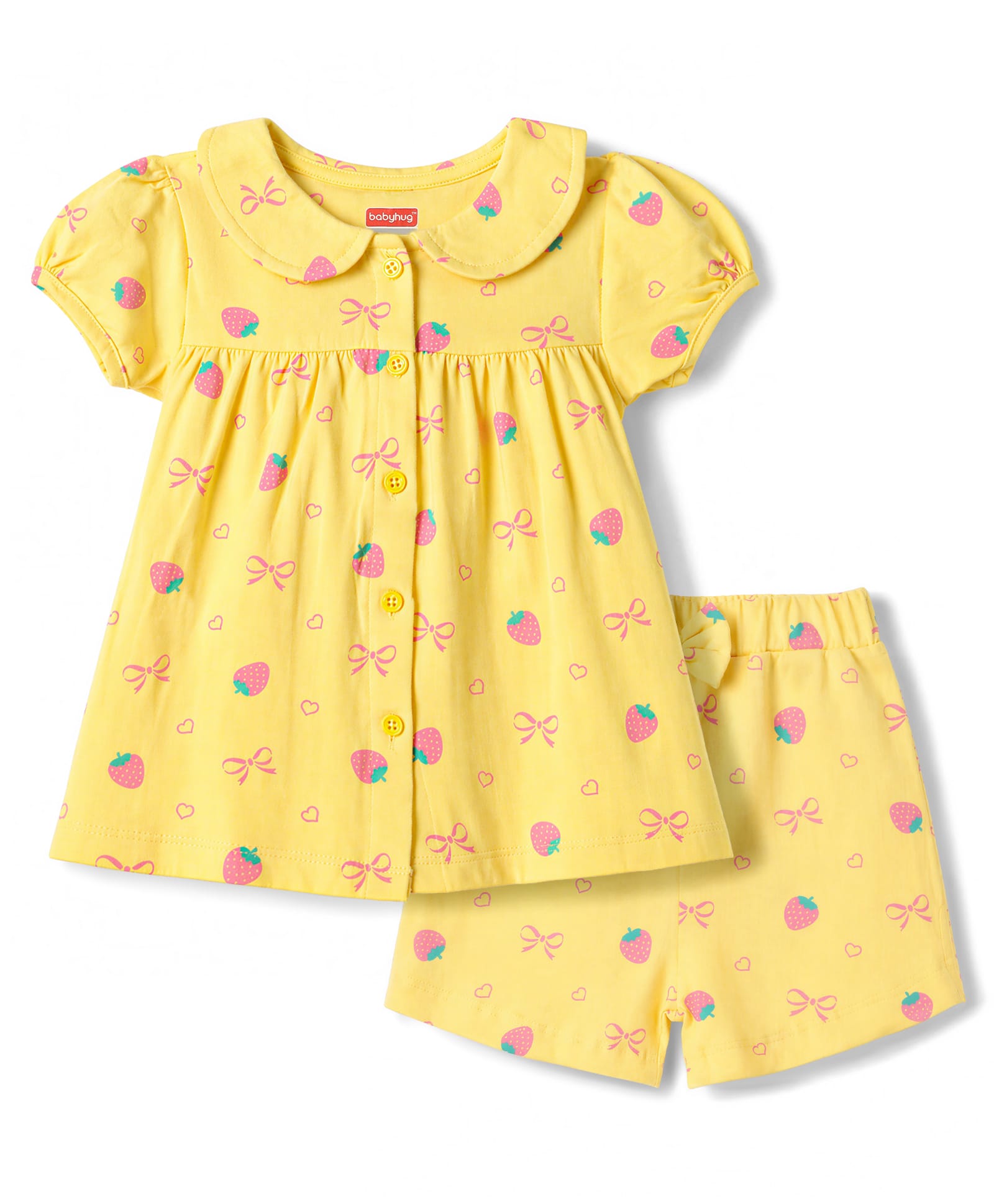 Babyhug Cotton Knit Half Sleeves Front Open Strawberry Printed Co-Ords Top & Shorts Night Suit - Yellow-image-35