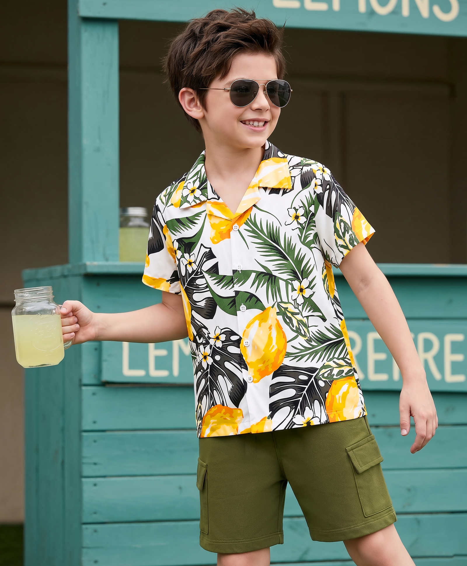 Ollington ST. Cotton Knit Half Sleeves Tropical Theme Printed Shirt & Shorts Set - Multicolour & Olive Green-picture-24