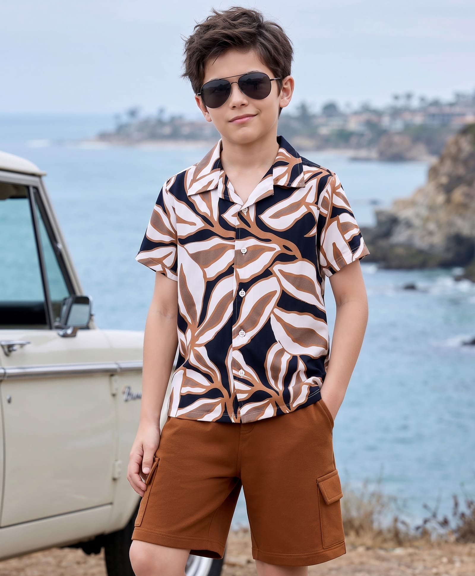 OLLINGTON ST. Sinker Knit Half Sleeves Shirt & Shorts Set With Tropical Theme - Brown-image-47