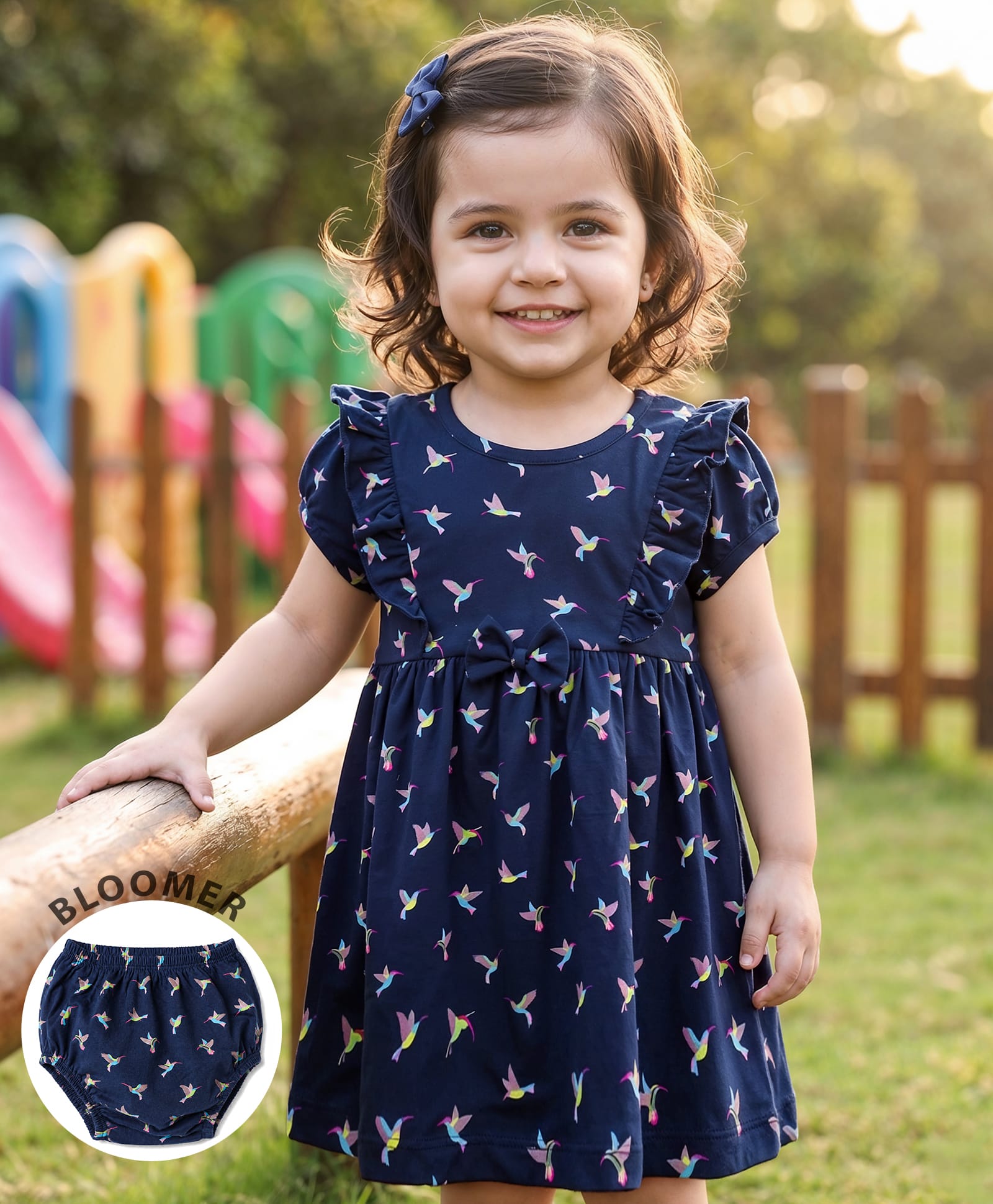 Babyhug Single Jersey Knit Half Sleeves Frock with Bird Print & Bloomer - Navy Blue-image-20