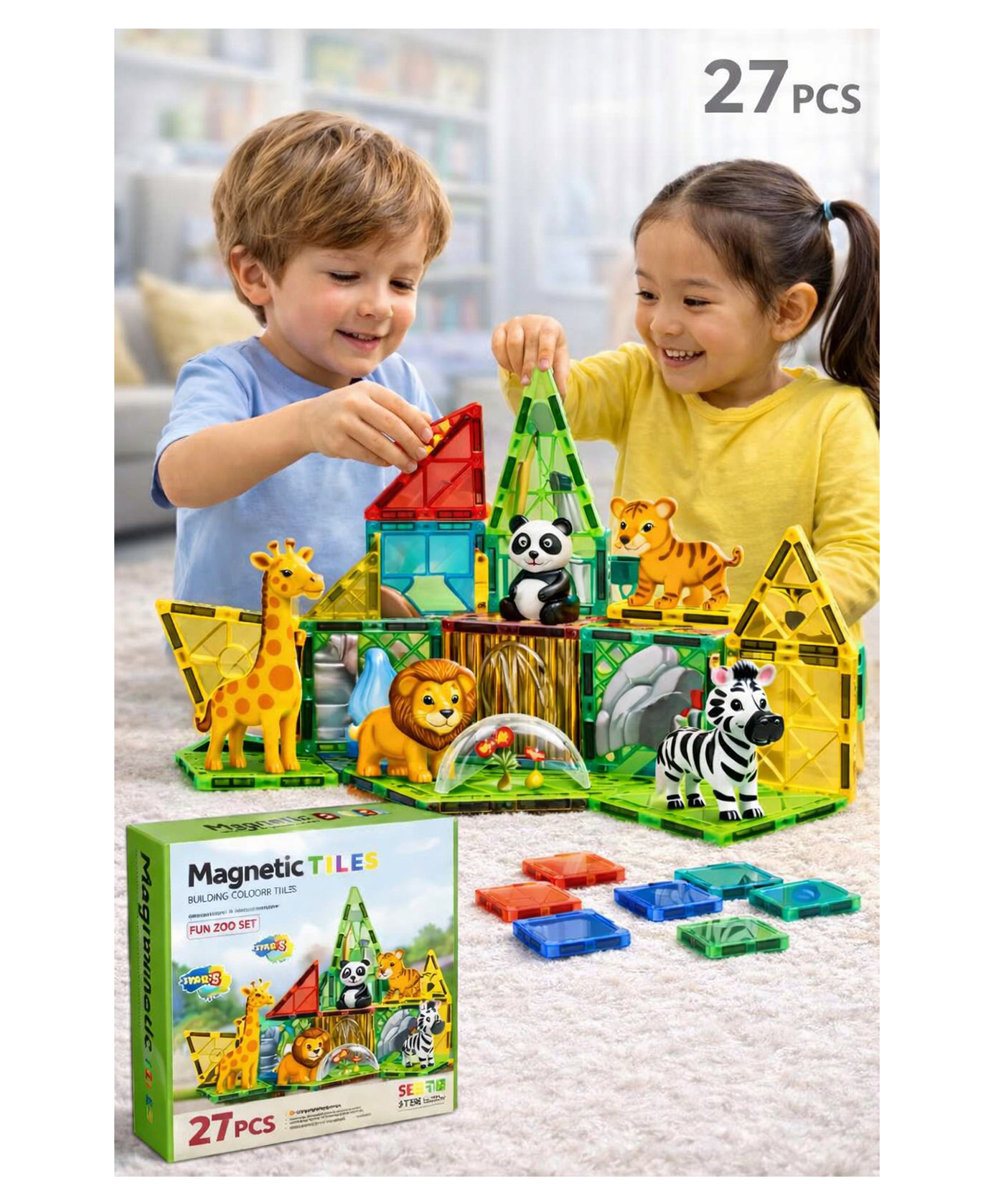 NEGOCIO 27 pcs Zoo Animal 3D Creative Building Block Model Toy Magnetic Tile Set-image-2