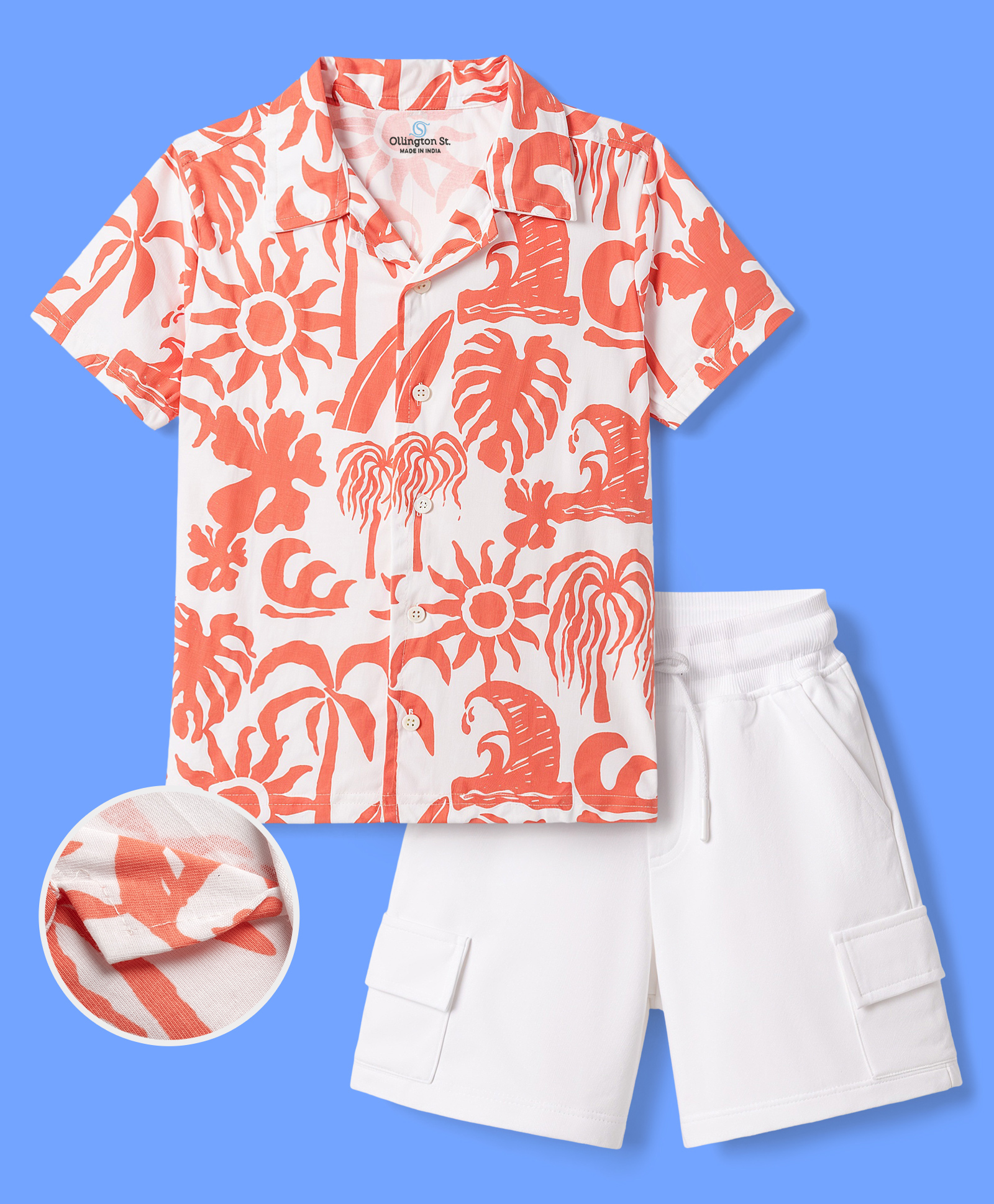 OLLINGTON ST. Sinker Knit Half Sleeves Shirt & Shorts With Beach Theme Print - Orange-picture-25