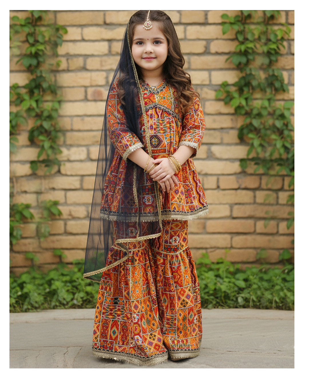 Cutiekins Rayon Woven Three Fourth Sleeves Ethnic Motifs Printed Kurti Sharara Set With Dupatta - Multi Colour