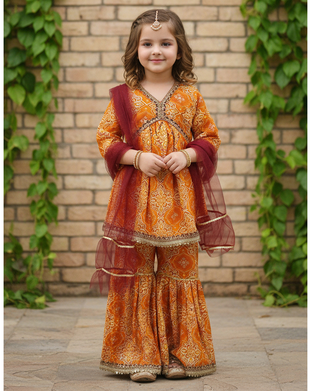 Cutiekins Rayon Woven Three Fourth Sleeves Ethnic Motifs Printed Kurti Sharara Set With Dupatta - Orange & Golden