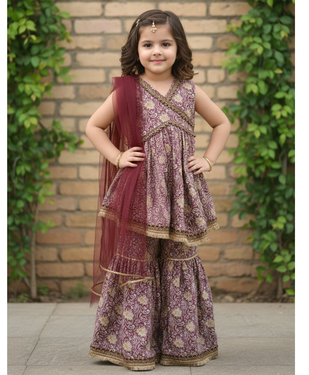 Cutiekins Rayon Woven Sleeveless Gota Lace Embellished Ethnic Motifs Printed Kurti Sharara Set With Dupatta - Onion Pink & Brown
